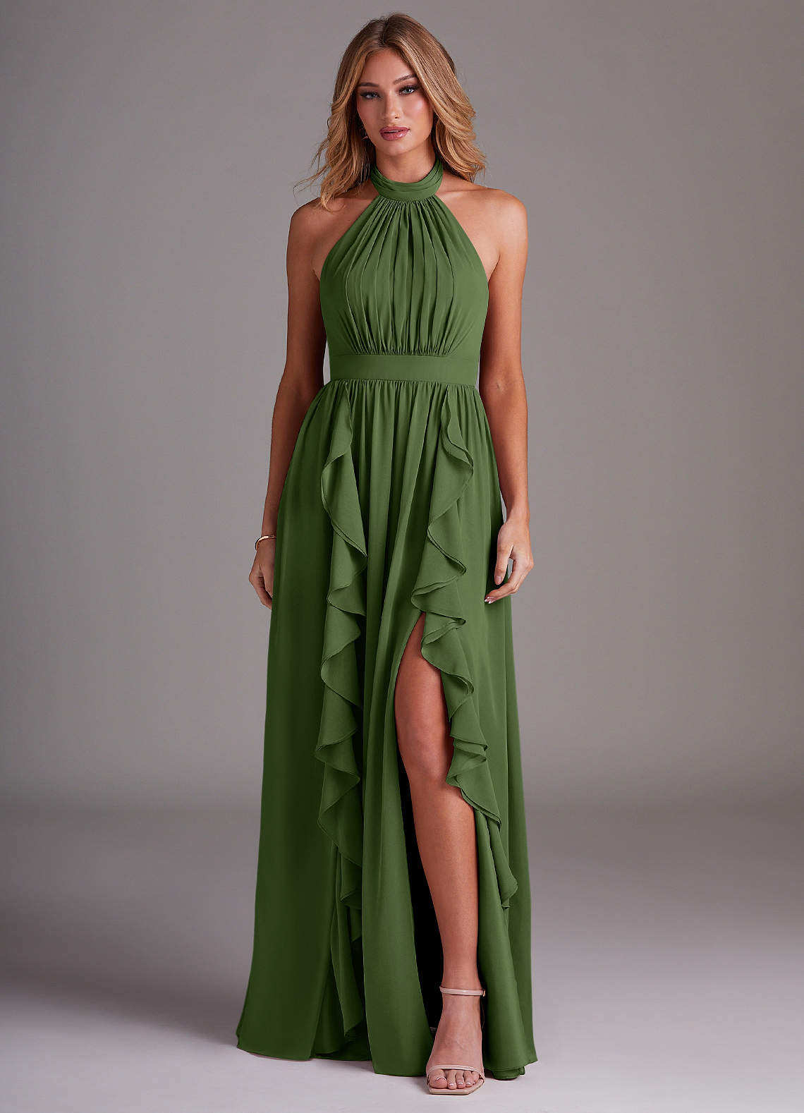 Azazie Avary Brautjungfernkleider A-Linie Plissee Chiffon Kleid Olivgrün image1