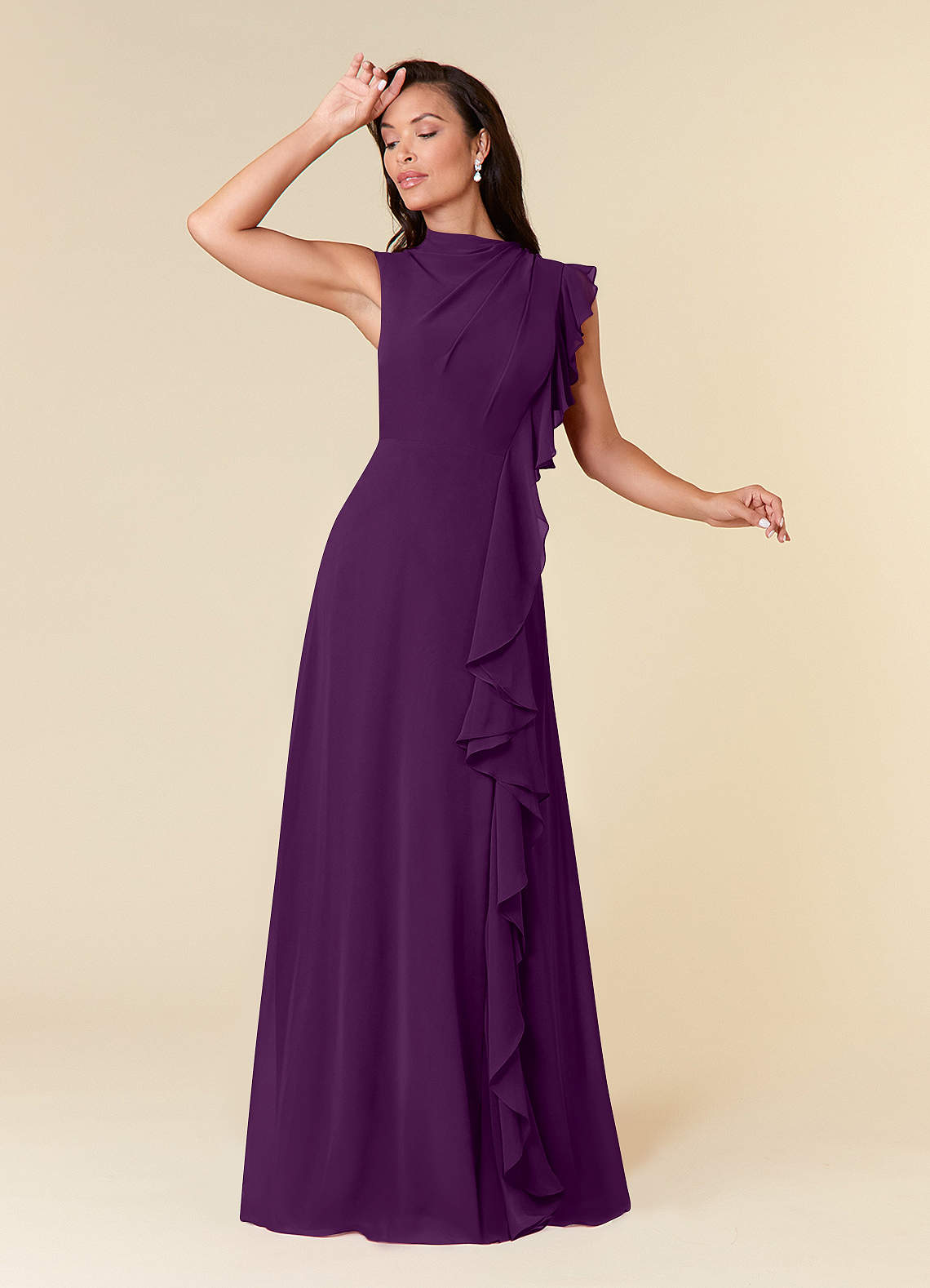 Azazie Narine Mother of the Bride Dresses Grape A-Line High Neckline Pleated Chiffon Dress image1