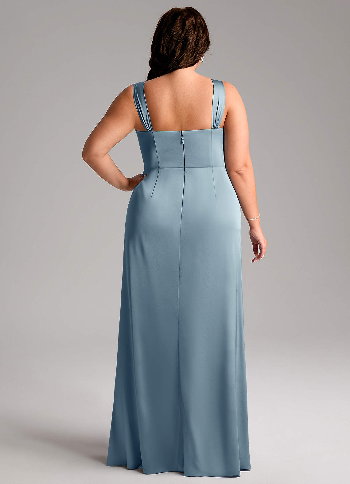 Azazie Denice Bridesmaid Dresses Dusty Blue Sheath Pleated Stretch Satin Dress image10