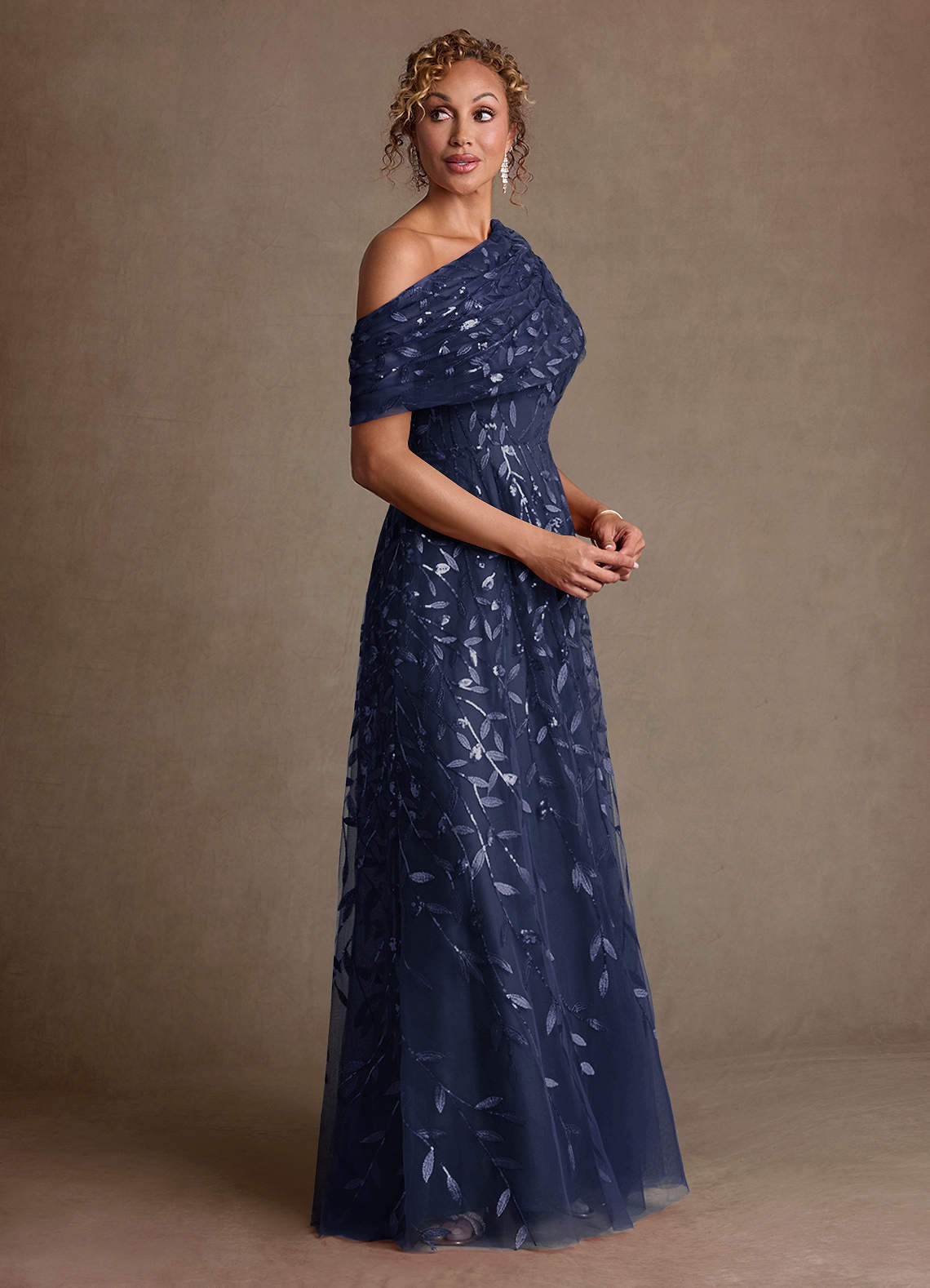 Azazie Sidney Mother of the Bride Dresses Dark Navy A-Line Off the Shoulder Lace Dress image1