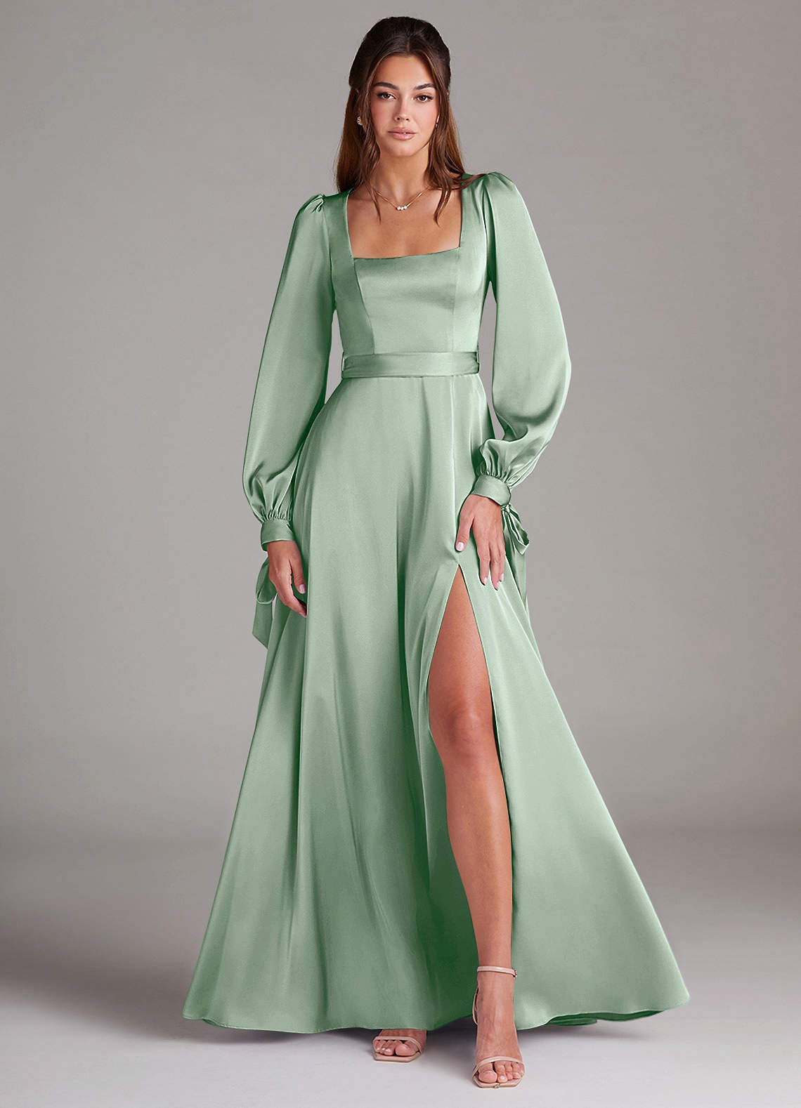 Azazie Leonia Bridesmaid Dresses Agave A-Line Long Sleeve Stretch Satin Dress image1