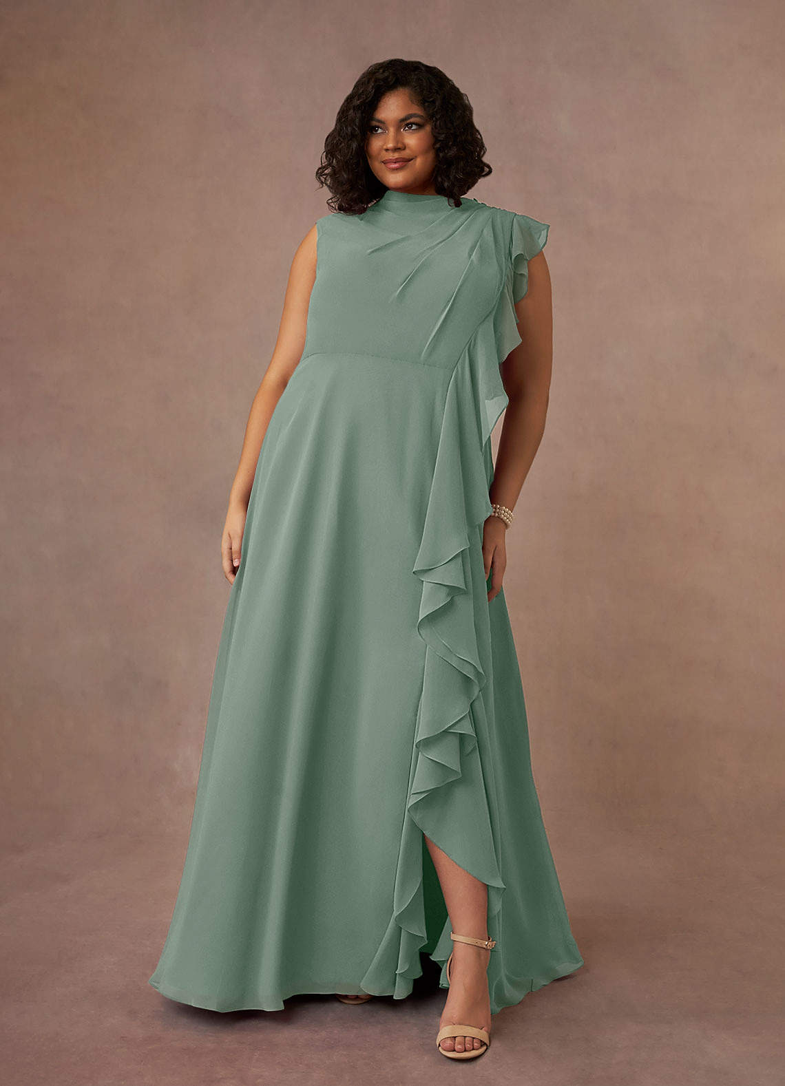 Azazie Narine Mother of the Bride Dresses Silver Sage A-Line High Neckline Pleated Chiffon Dress image1