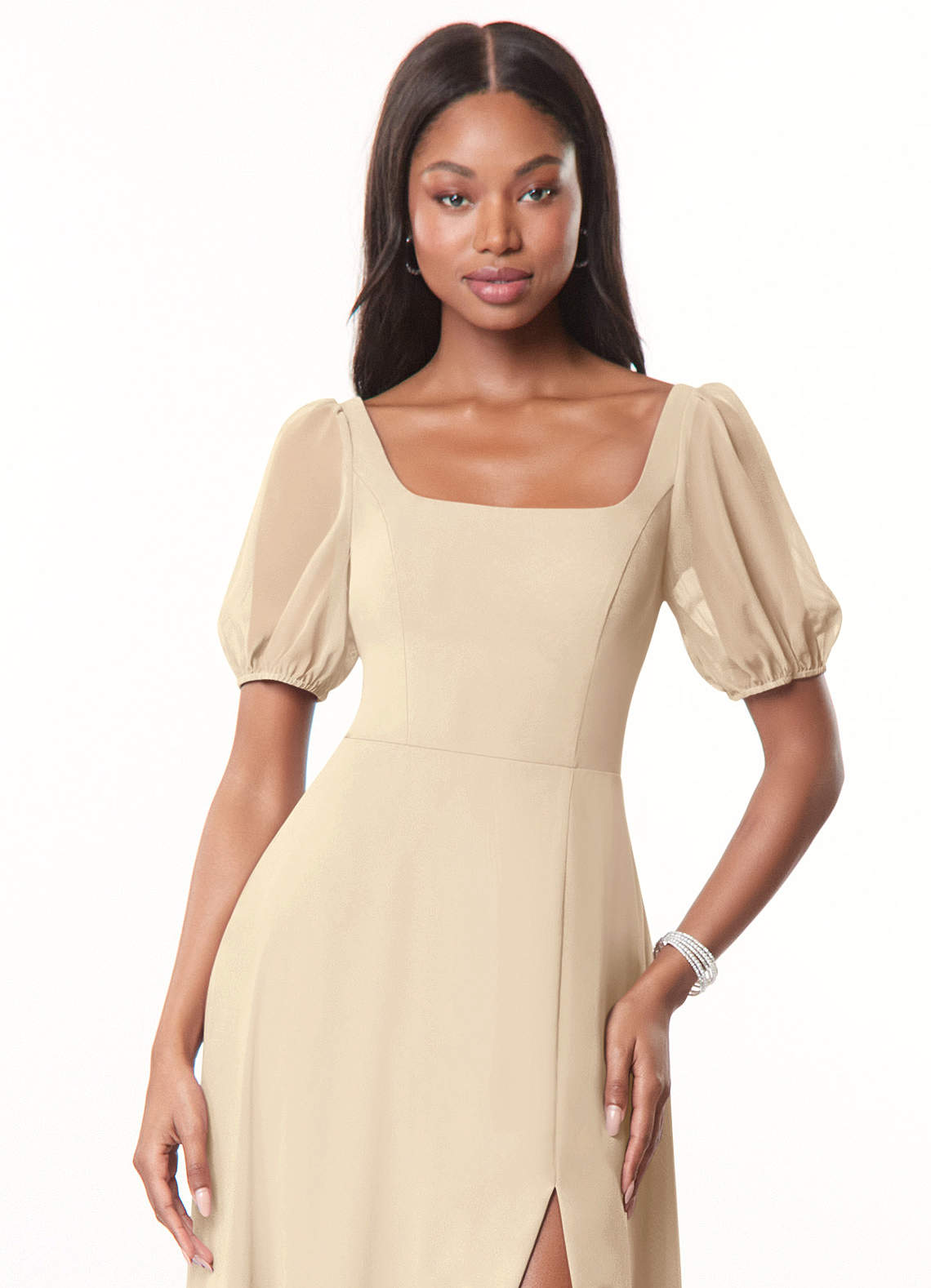Azazie Alani Champagne Chiffon Bridesmaid Dresses | Azazie