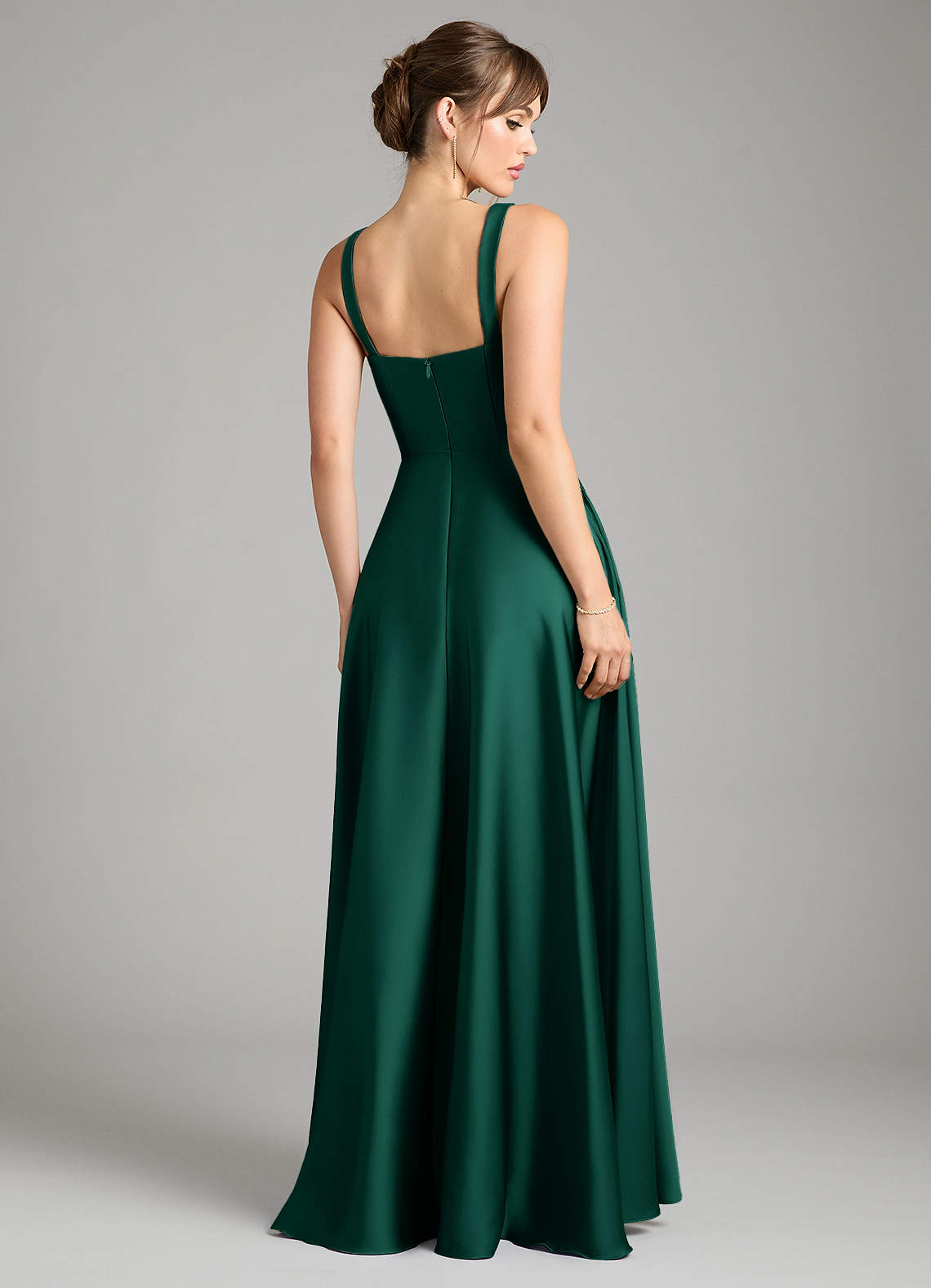 Azazie Shaude Bridesmaid Dresses Emerald A-Line Pleated Stretch Satin Dress image1