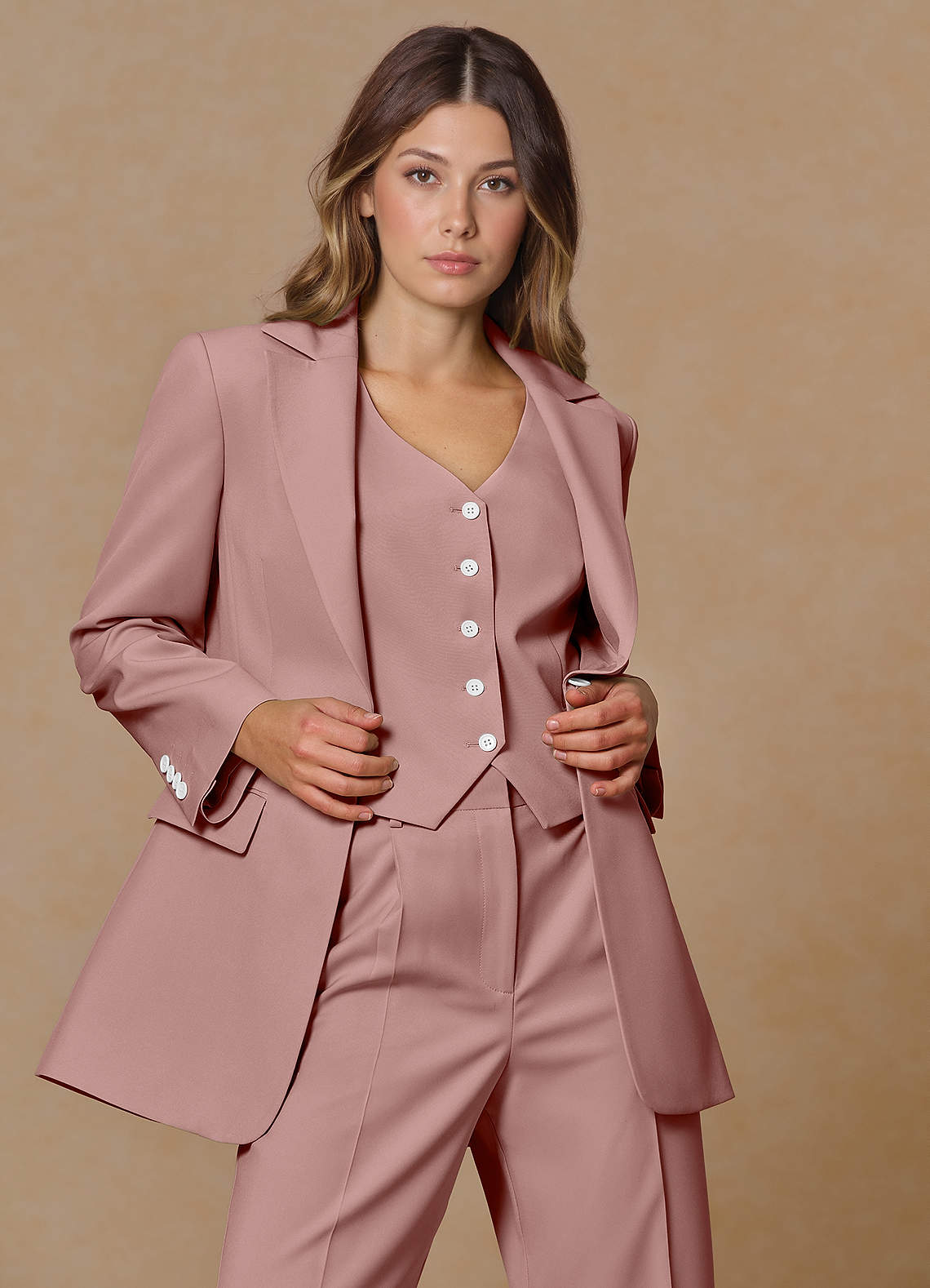 front Rowan Dusty Rose Refined Weave Performance blazer