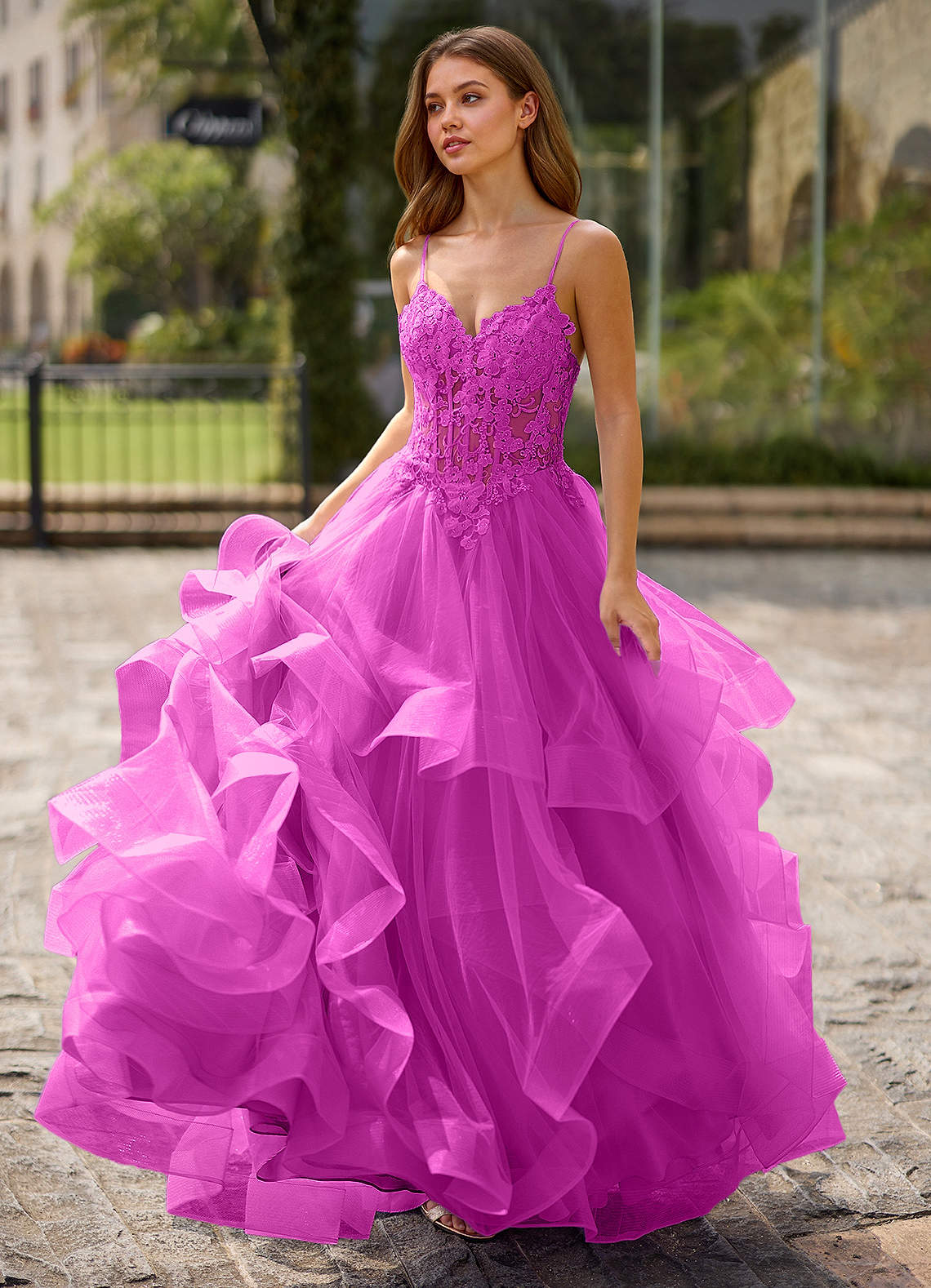 fuchsia pink formal dress Spitze Sheer Lace Prom wedding fuchsia pink dress
