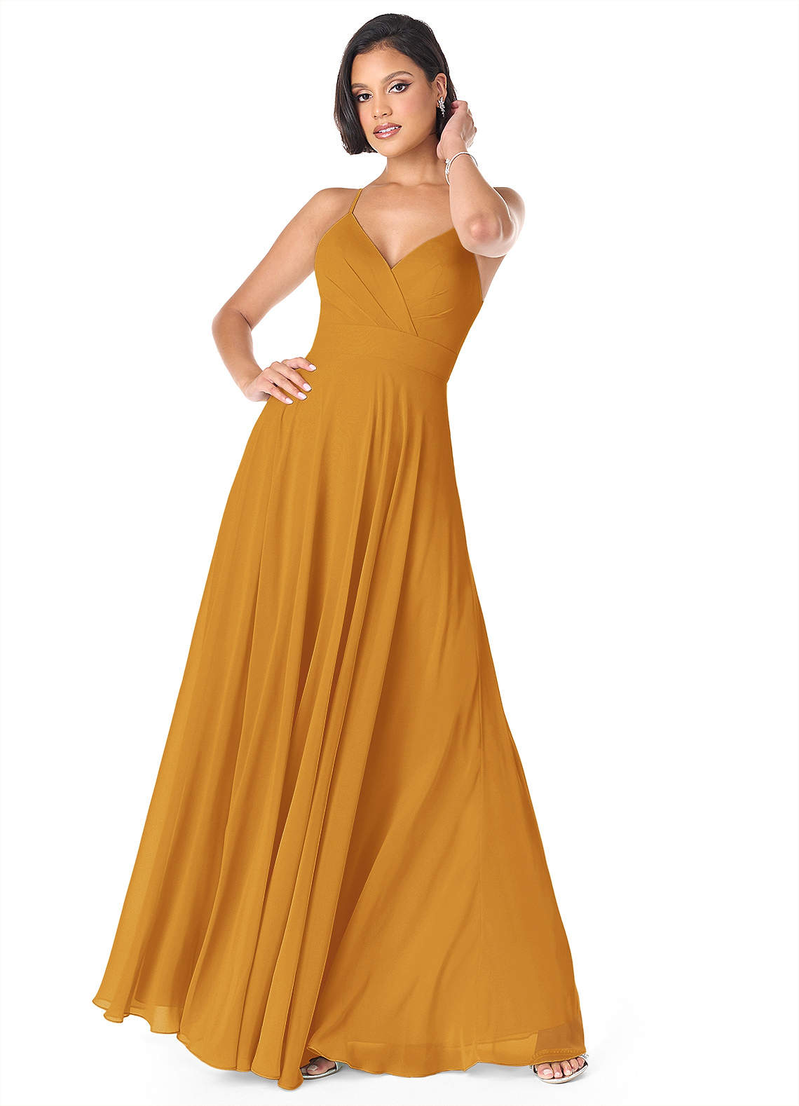 Azazie Avelina Bridesmaid Dresses Butterscotch A-Line V-Neck Pleated Chiffon Dress image1