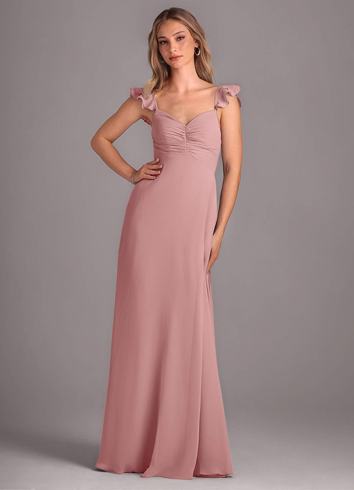 Azazie Kaylyn Vestidos de damas de honor Vestido de Rosa Polvorienta de Gasa de Corte en A con Volante image1