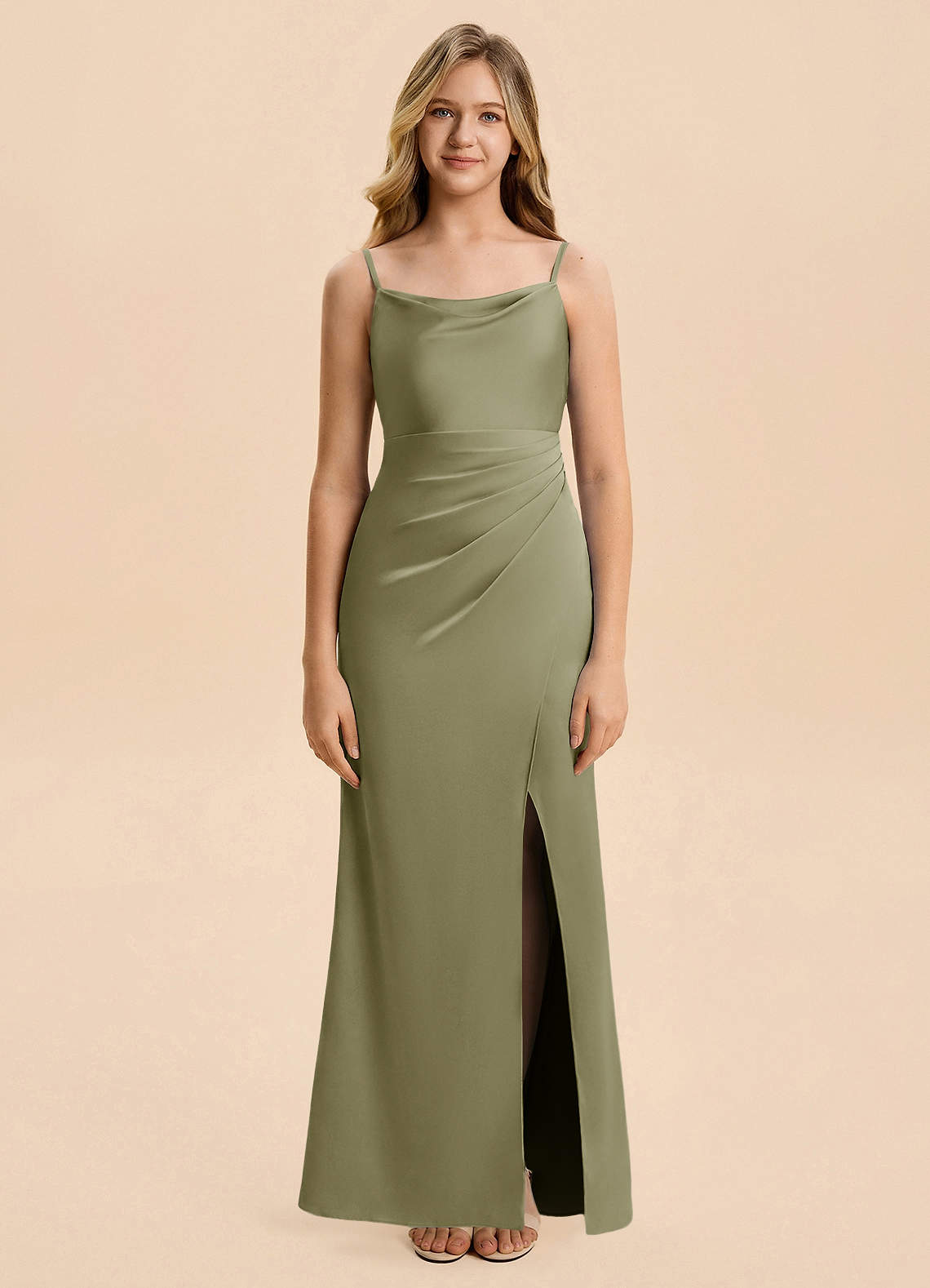 Azazie Christen Junior Pistachio A-Line Pleated Stretch Satin Dress image3