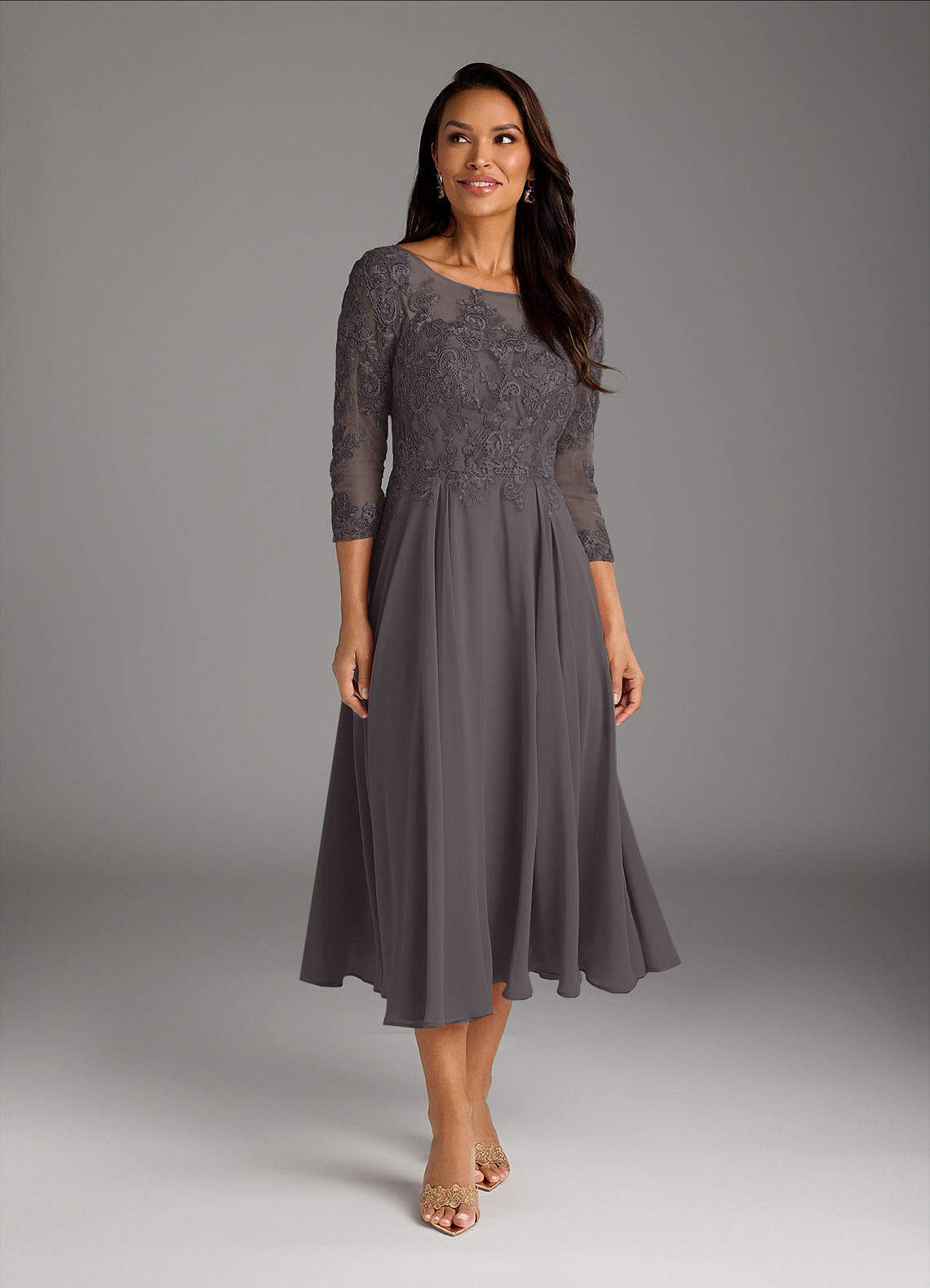 Azazie Marge Mother of the Bride Dresses Steel Grey A-Line Scoop Lace Chiffon Dress image1
