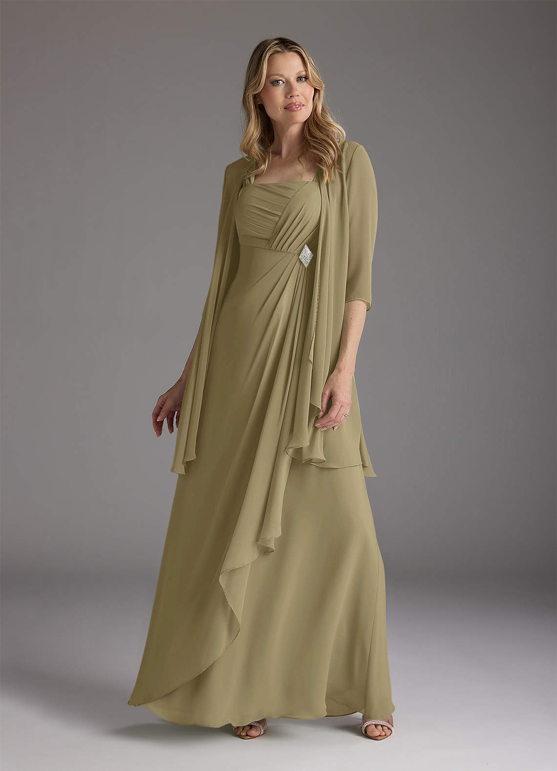Azazie Weisz Mother of the Bride Dresses Moss Green A-Line Square Neckline Pleated Chiffon Dress image1