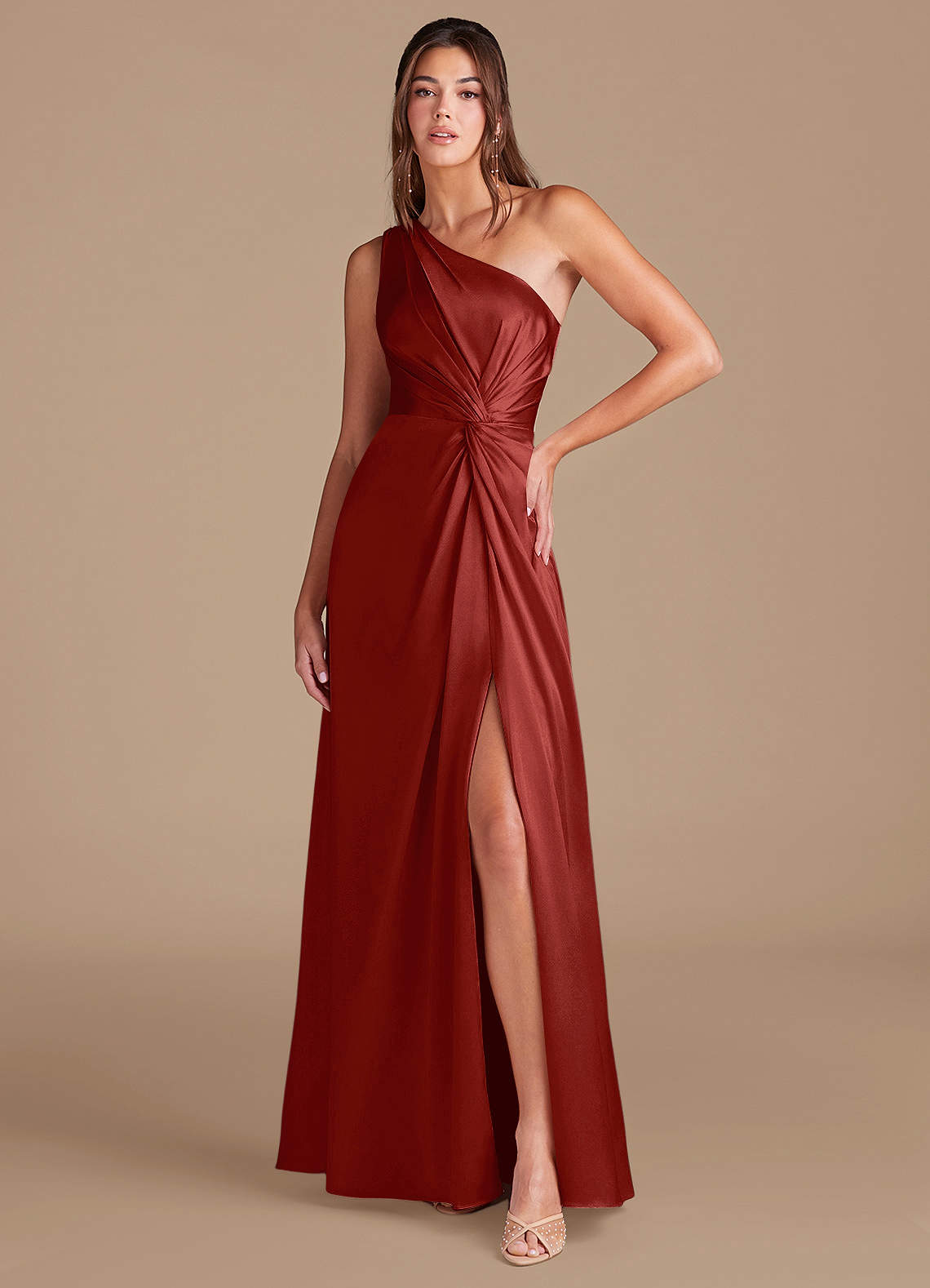 Azazie Brooke Bridesmaid Dresses Rust A-Line One Shoulder Metallic Satin Dress image1