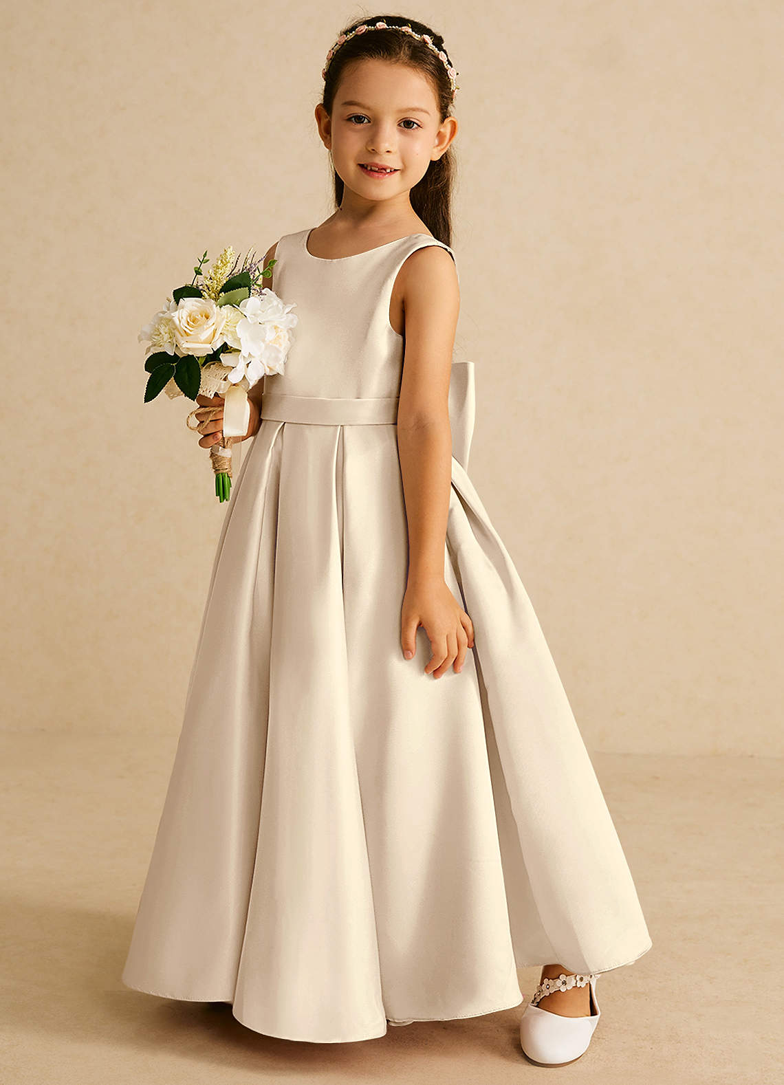 Azazie Pipsy Flower Girl Dresses Champagne A-Line Bow Matte Satin Dress image1