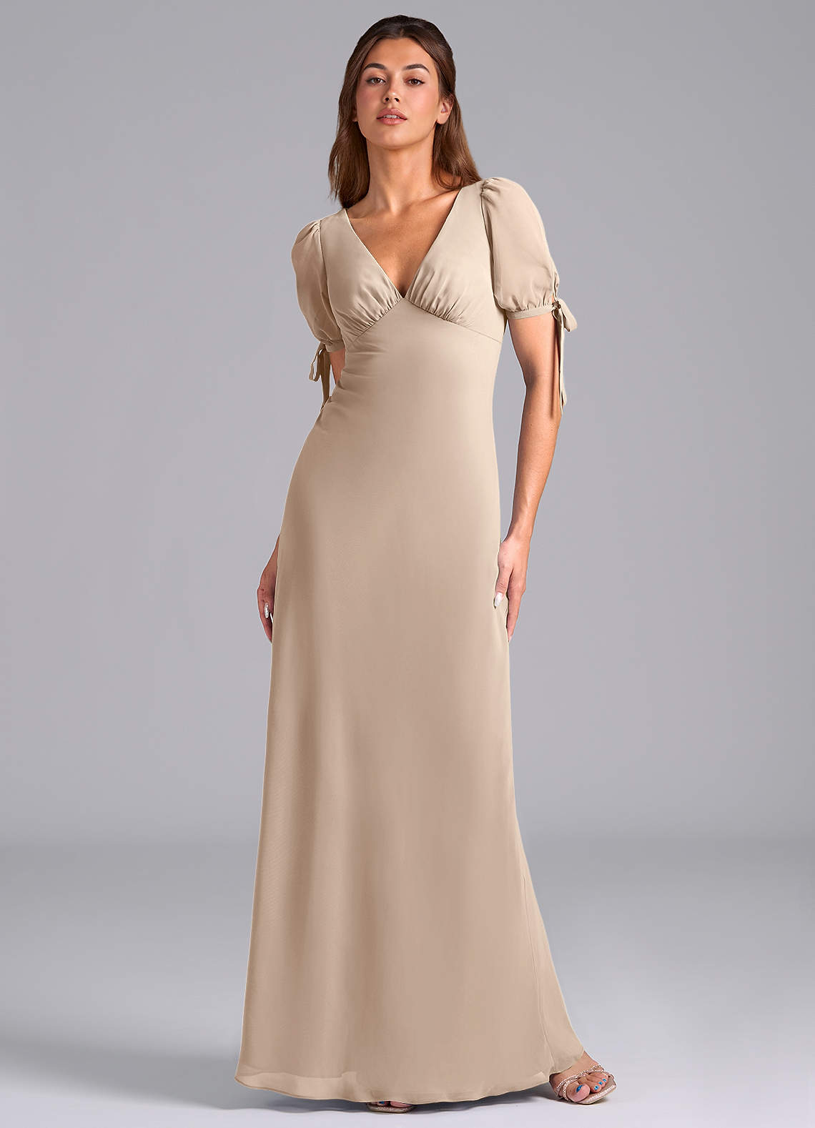 Azazie Pheby Bridesmaid Dresses Taupe A-Line Pleated Chiffon Dress image1