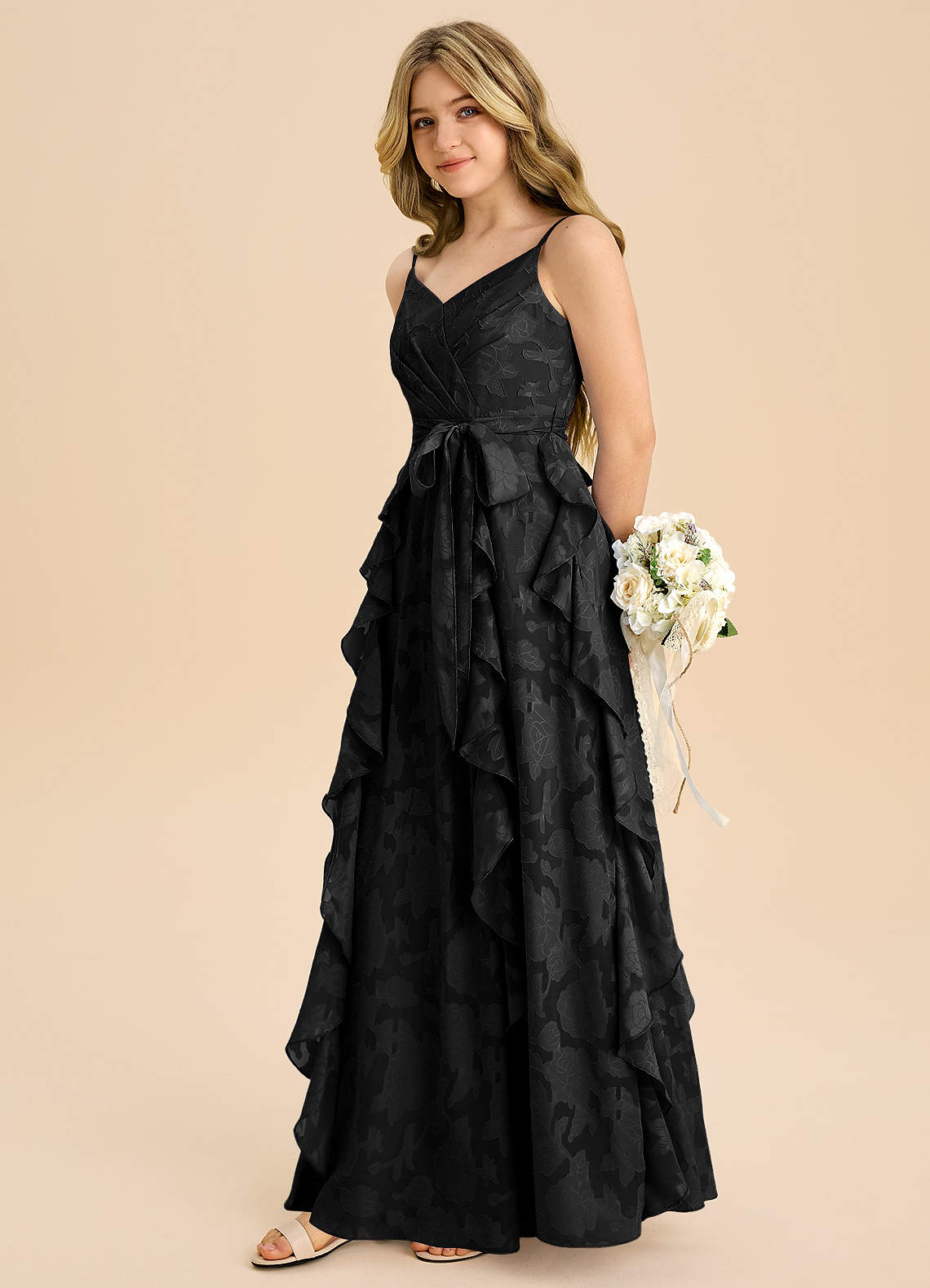 Azazie Peyton Junior Black A-Line Pleated Floral Burnout Dress image4
