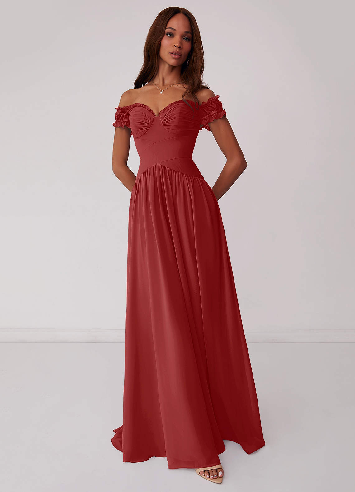 Barbie ♥ Azazie Jurken voor bruidsmeisjes Converteerbaar Jurk van Chiffon met A-Lijn Off the Shoulder Roest image1