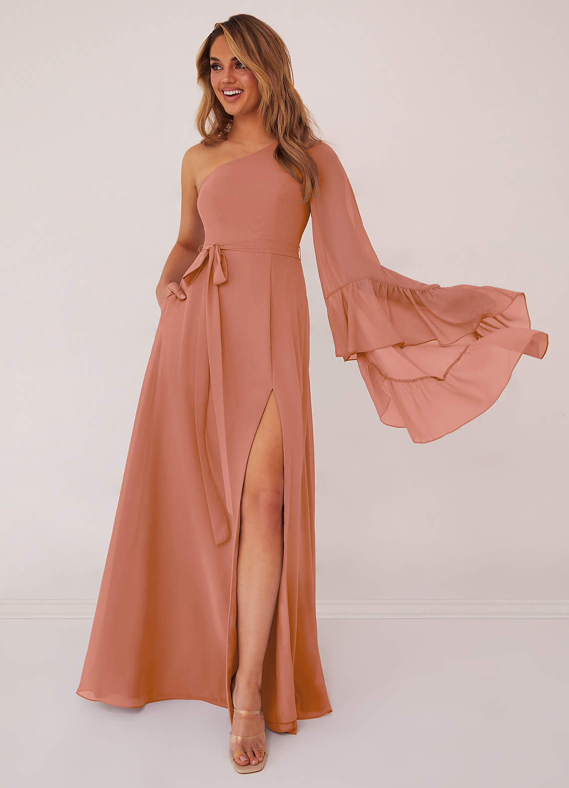 Barbie ♥ Azazie Brautjungfernkleider A-Linie Langarm Chiffon Kleid Mai Tai image1