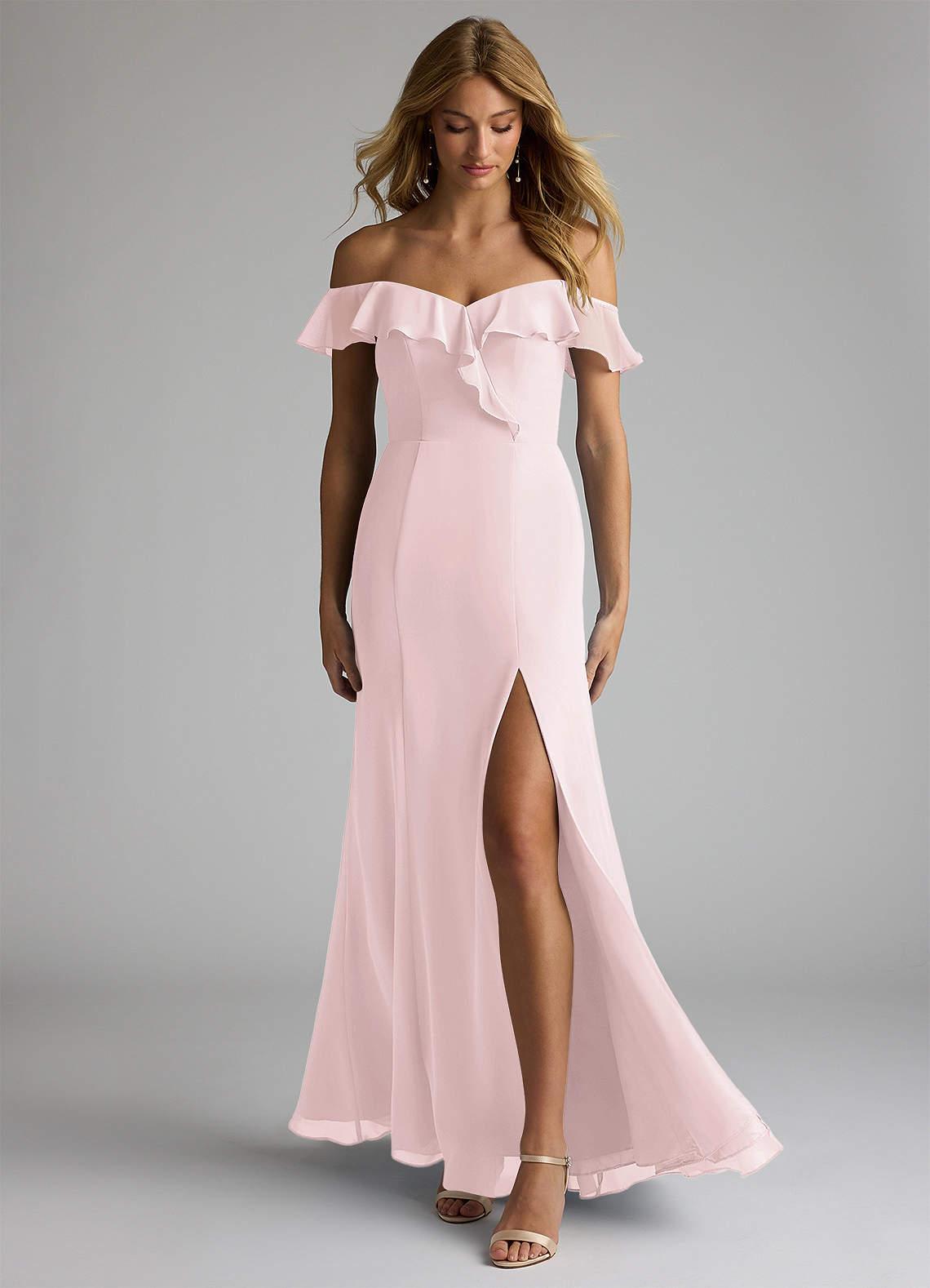 Azazie Sophie Bridesmaid Dresses Blushing Pink A-Line Off the Shoulder Chiffon Convertible Dress image1