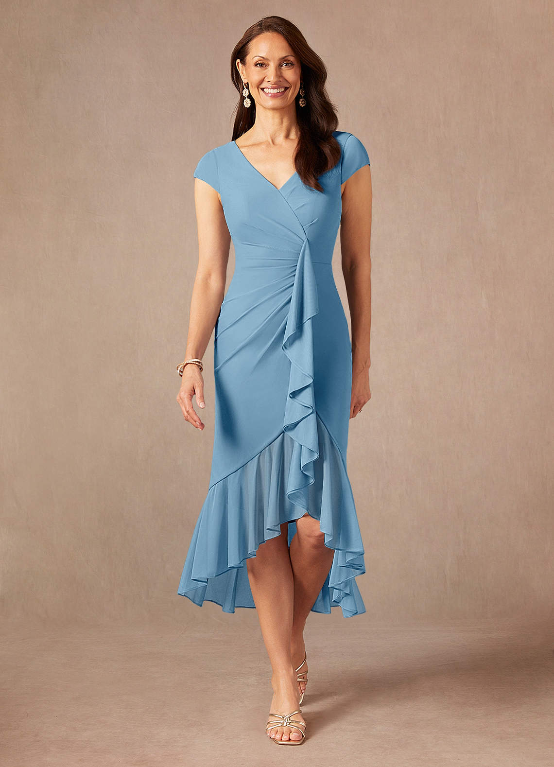 Azazie Renetta Abiti per la Madre della Sposa Abito Tubino in Maglia con Scollo a V a Pieghe Blu Acciaio image1