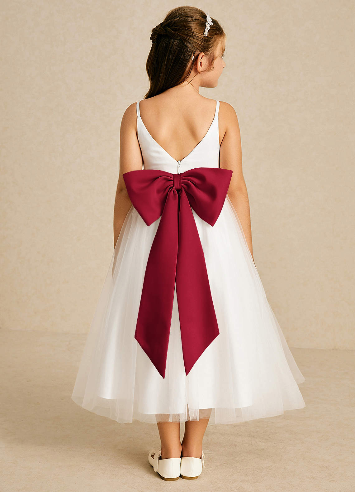 Azazie A-Line V-Neck Ankle-Length Tulle Flower Girl Dresses - Burgundy