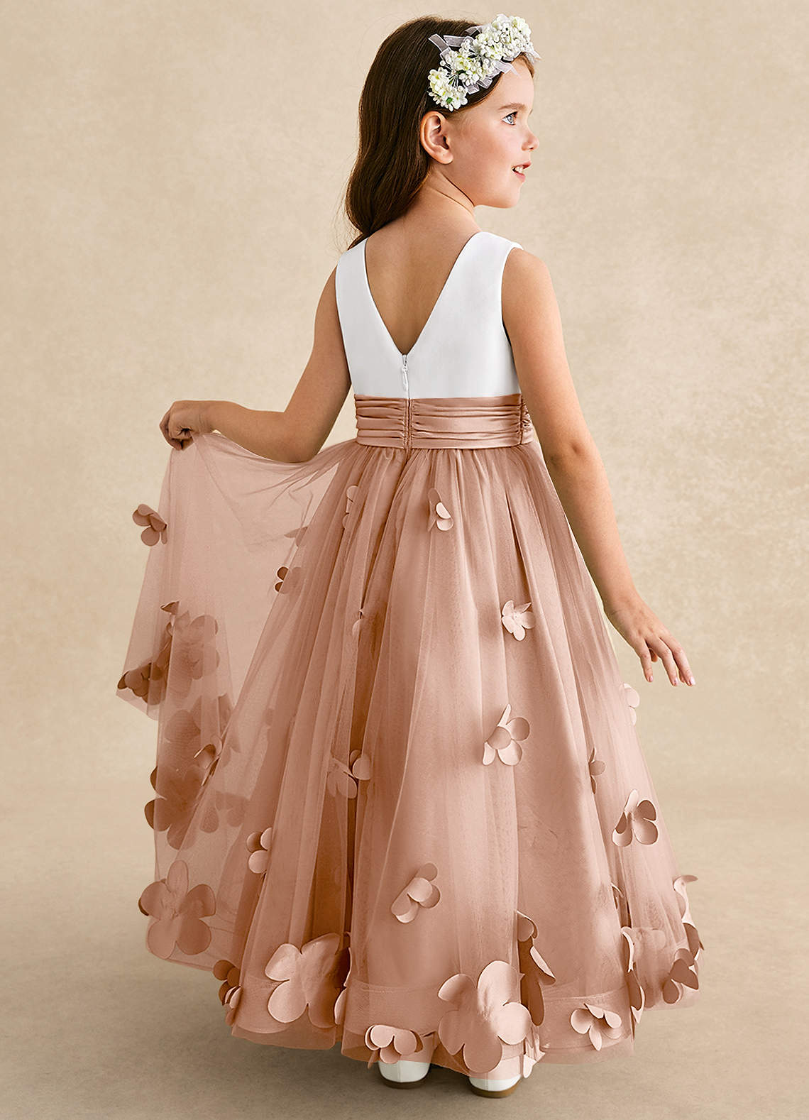 Azazie Vi vestidos de niña de las flores Vestido de Champán Rosado de Tul de Corte En A con Sin mangas image1
