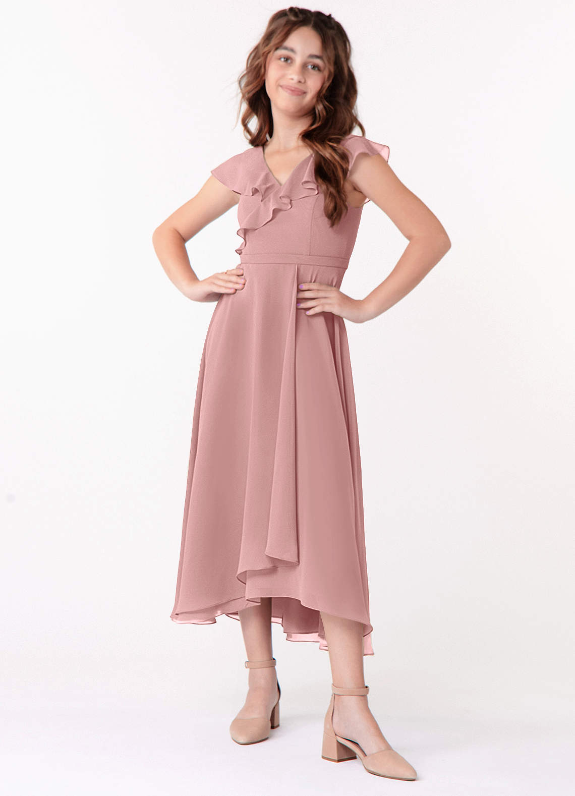 dusty rose junior bridesmaid dresses BABARONI Flutter Sleeves A-line Chiffon Junior Bridesmaid Dress Pearl Pink, Pearl Pink / J4 main image 1