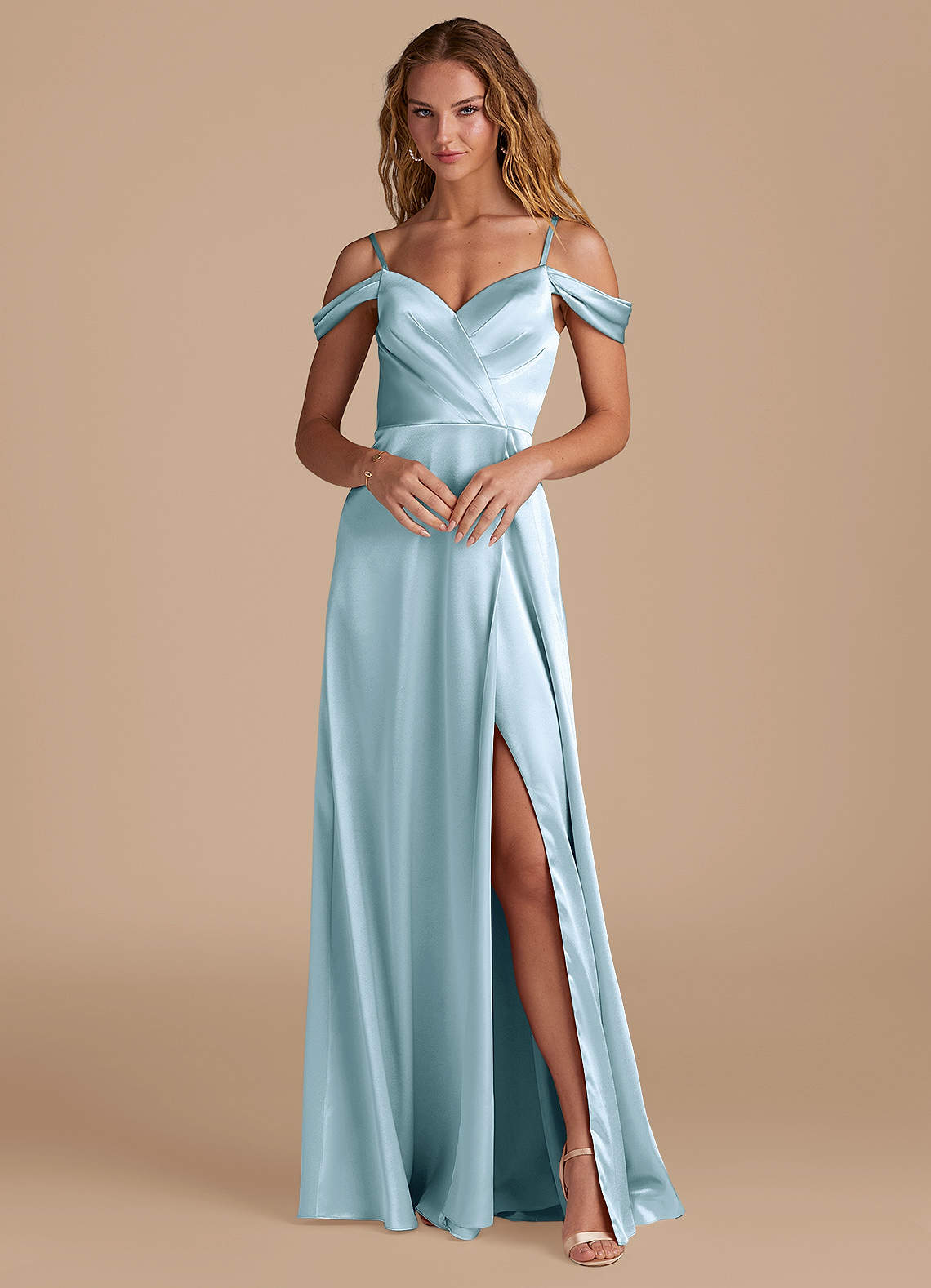Azazie Ocean Bridesmaid Dresses Sky Blue A-Line Off the Shoulder Metallic Satin Dress image1