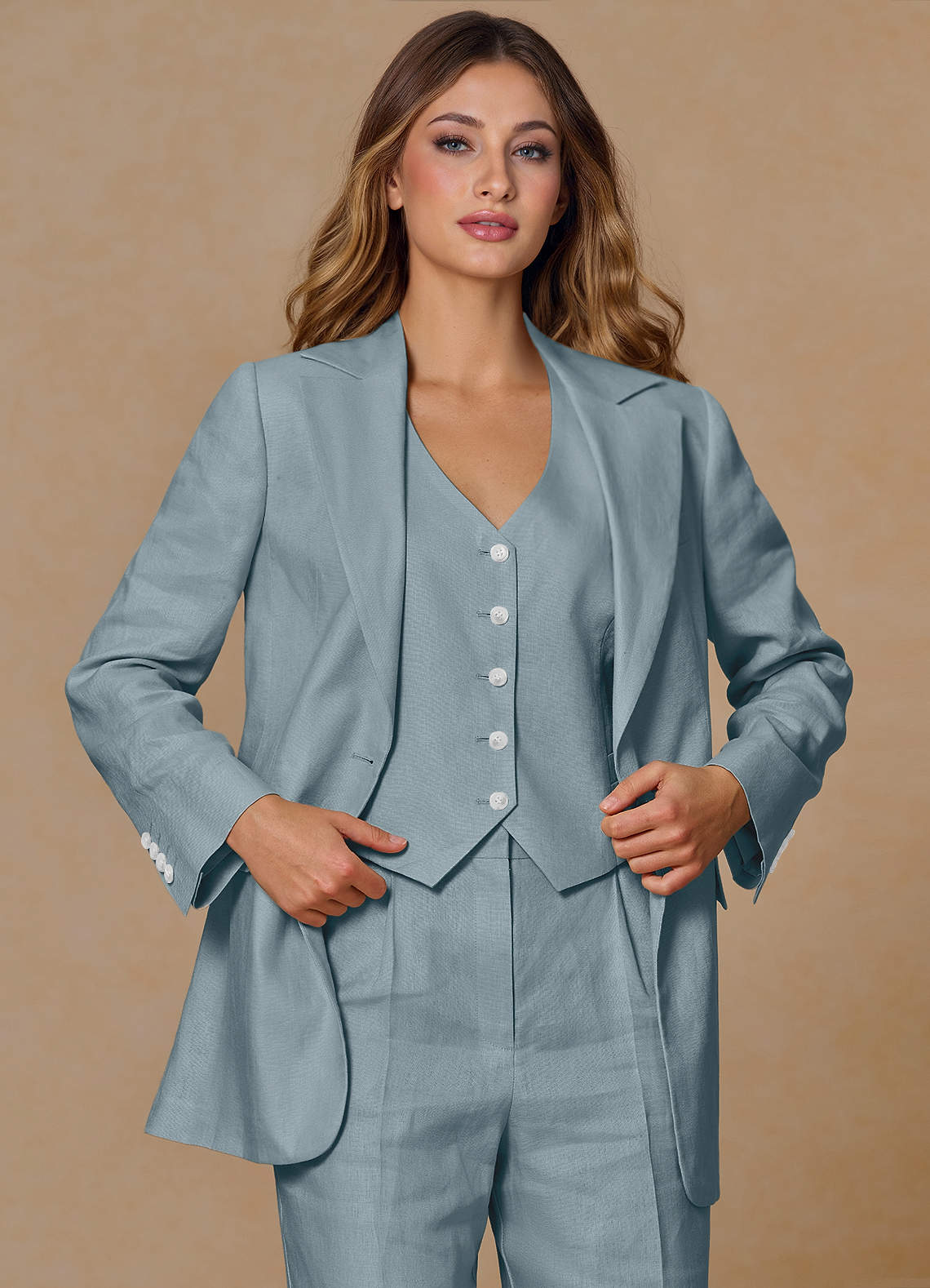 front Belicia Dusty Blue 100% Linen Blazer