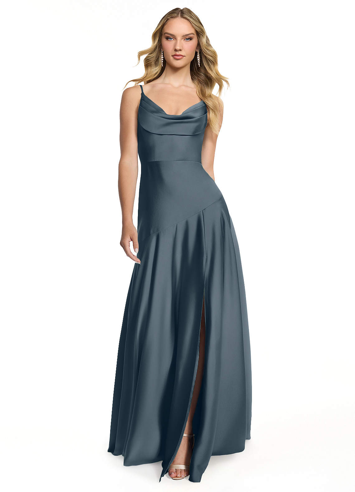 Azazie Kayla Vestidos de damas de honor Vestido de Crepúsculo de Satén Elástico de Corte Recto con Corte Lateral image1