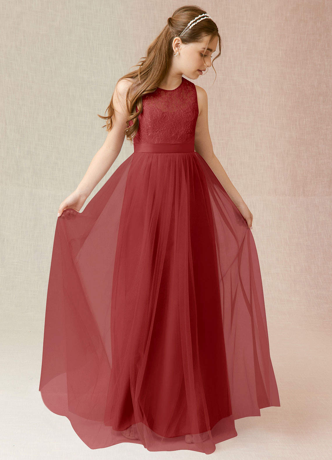 Azazie Georgette Junior Rust A-Line Lace Tulle Dress image1