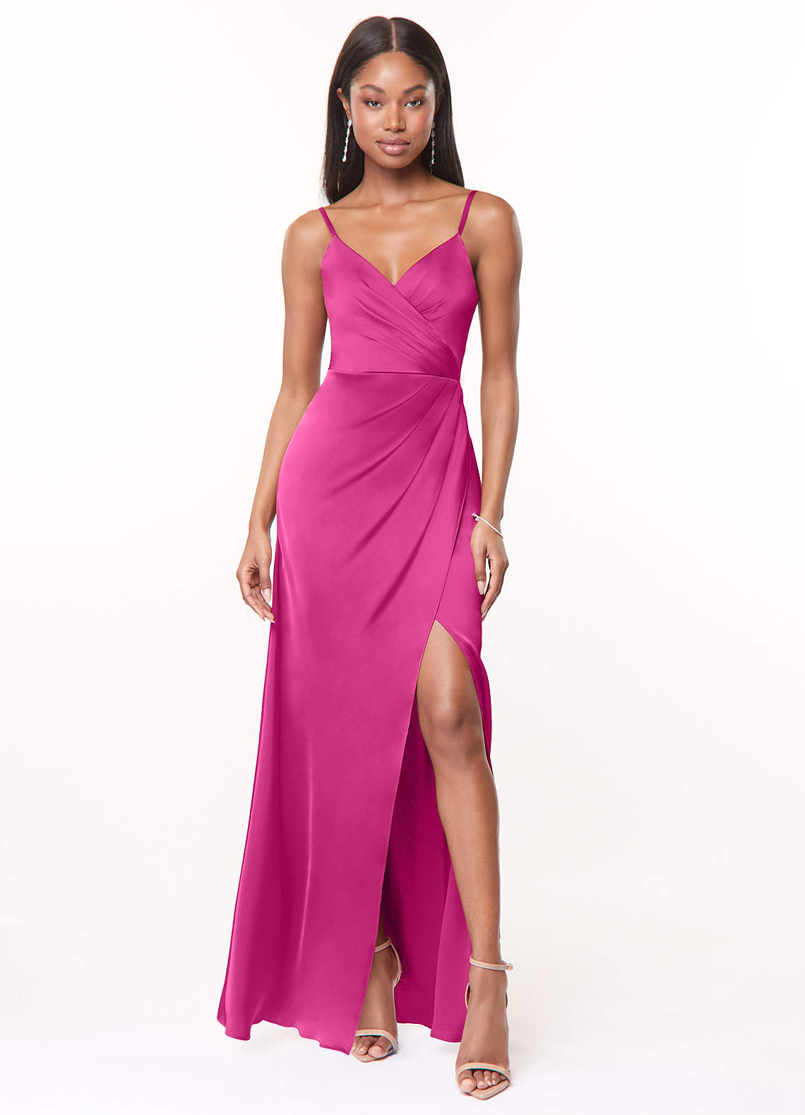 Azazie Maci Bridesmaid Dresses Fuchsia A-Line V-Neck Pleated Stretch Satin Dress image1