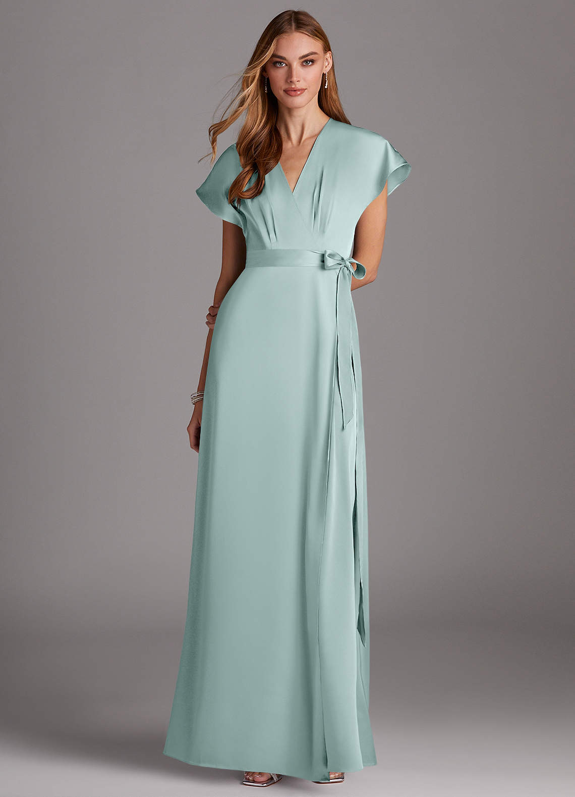 Azazie Nico Bridesmaid Dresses Sea Glass A-Line V-Neck Stretch Satin Dress image1