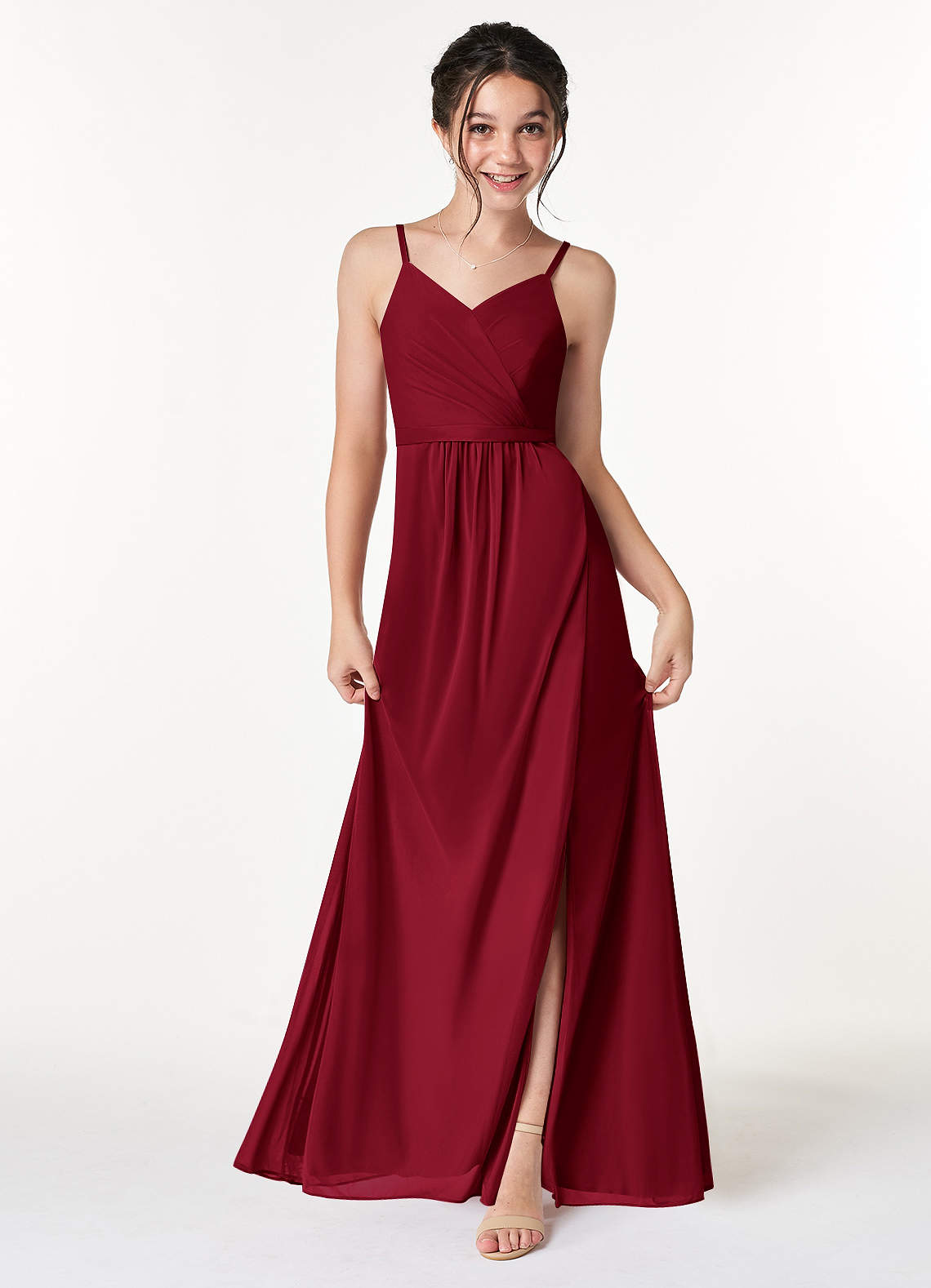 Azazie Luxy Junior Burgundy Pleated Mesh Dress image1