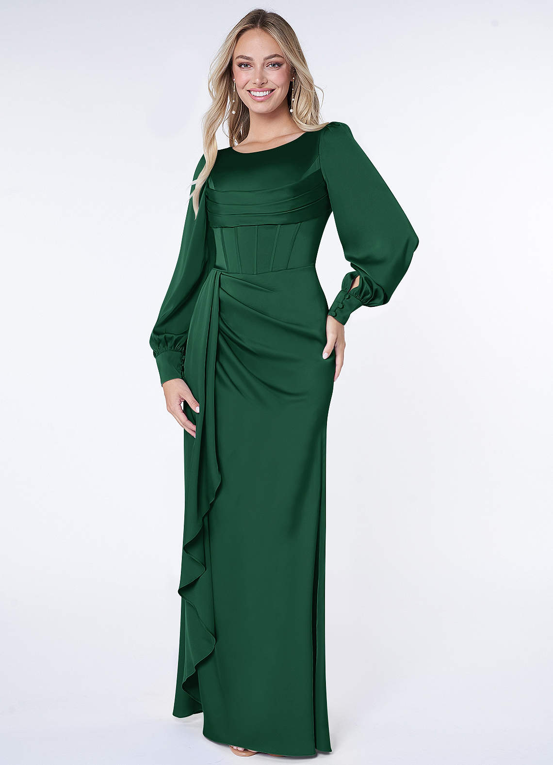 Azazie Raye Bridesmaid Dresses Dark Green Mermaid Long Sleeve Stretch Satin Dress image1