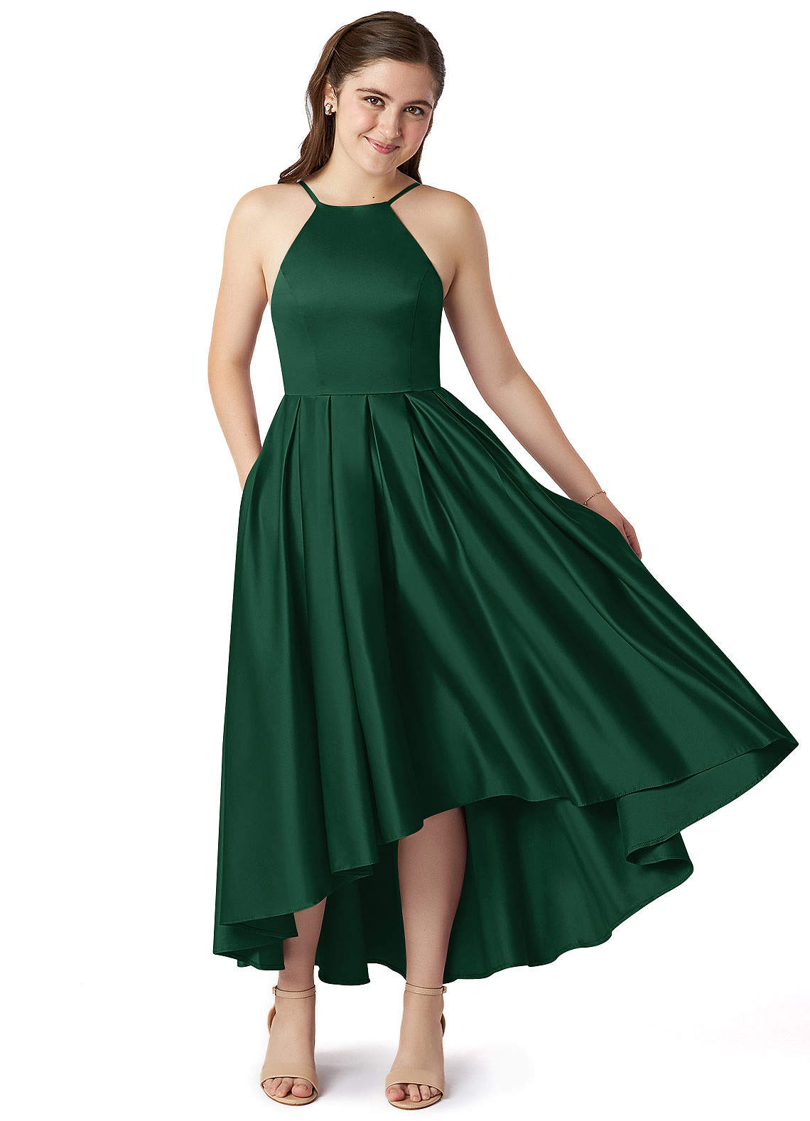 Azazie Jemima Junior Vestido de Verde Oscuro de Satén Elástico de Corte En A con Con bolsillos image1