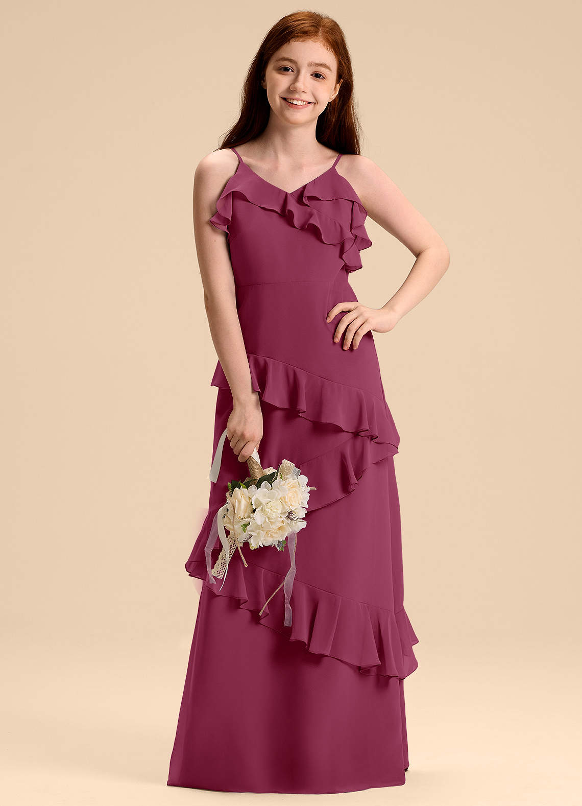 Azazie Evara Junior Abito A-Line in Chiffon Gelso image1