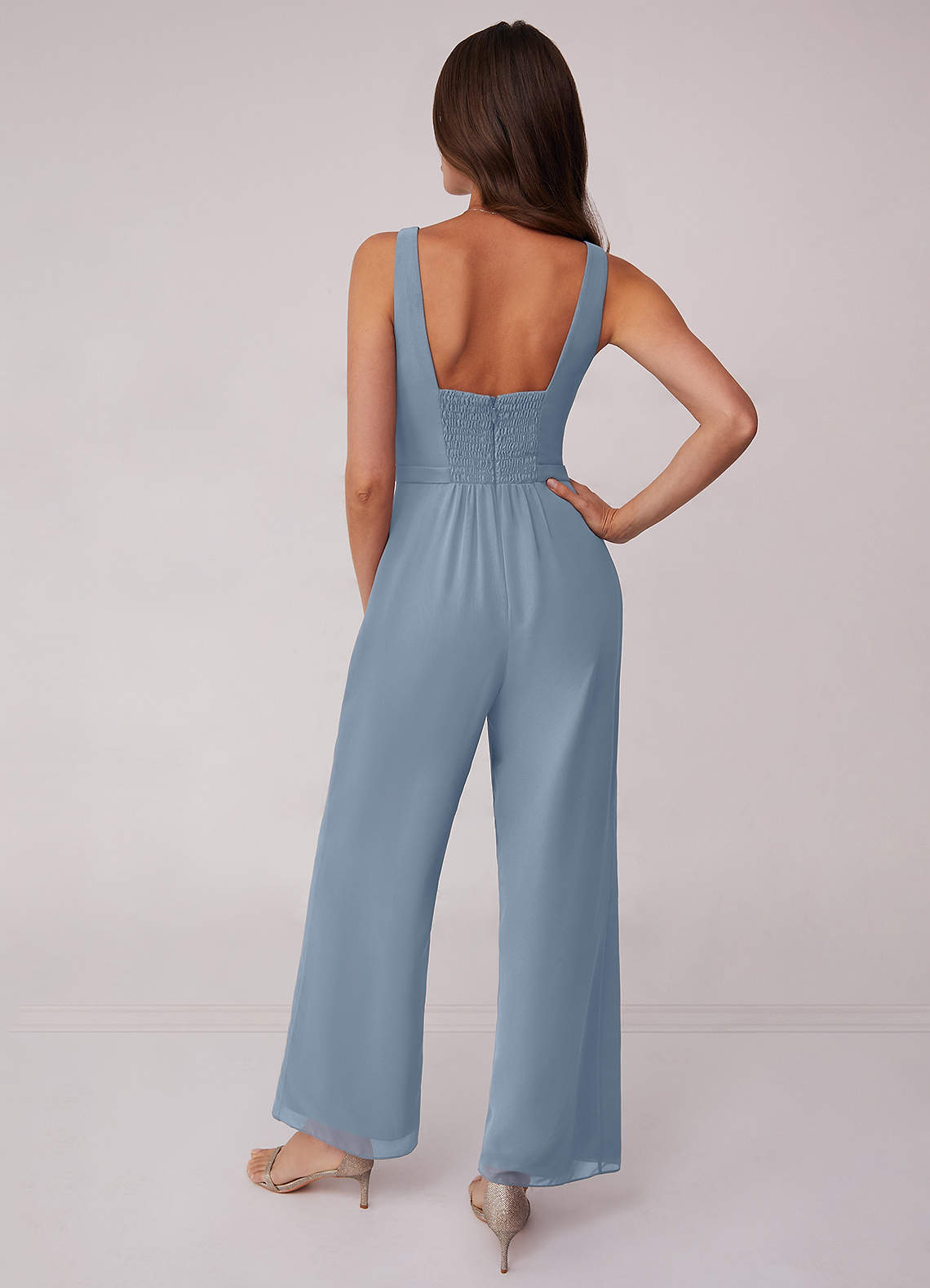 Dusty Blue Shirred Vneck Chiffon Jumpsuit Bridesmaid Dresses Azazie