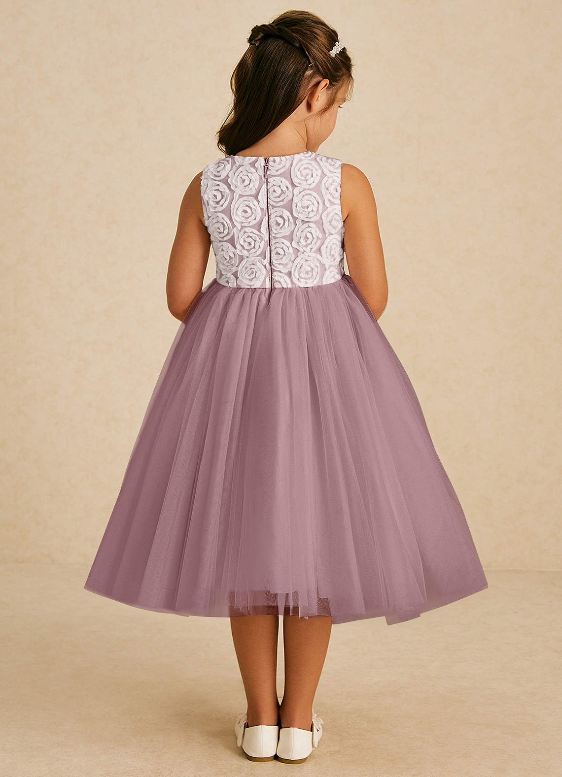 Azazie Missy A-Lijn Jurk van Tule Mouwloos Ivoor Stoffige Roos