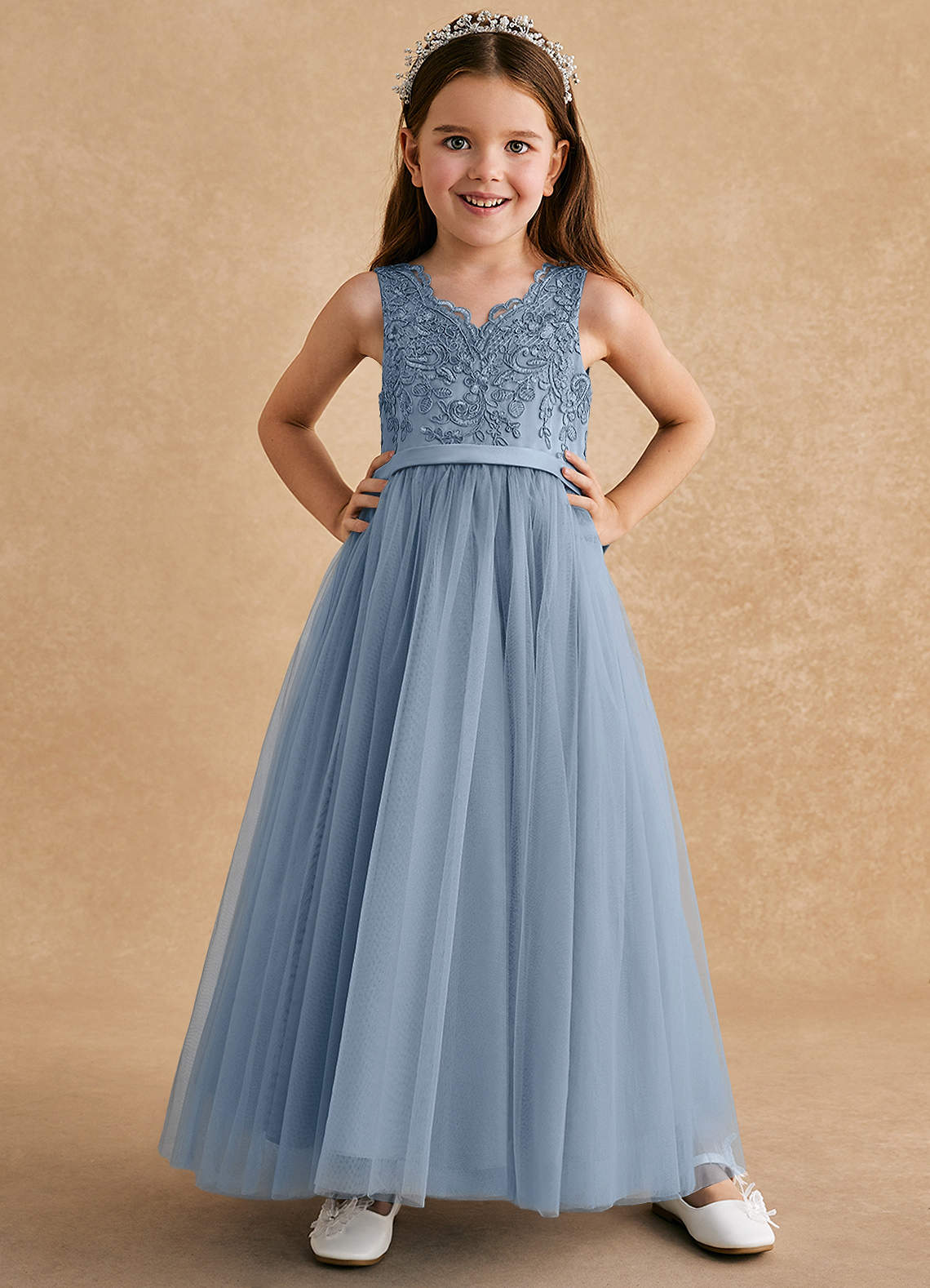 Azazie Cinna Blumenmädchenkleider A-Linie Spitze Tüll Kleid Staubblau image1