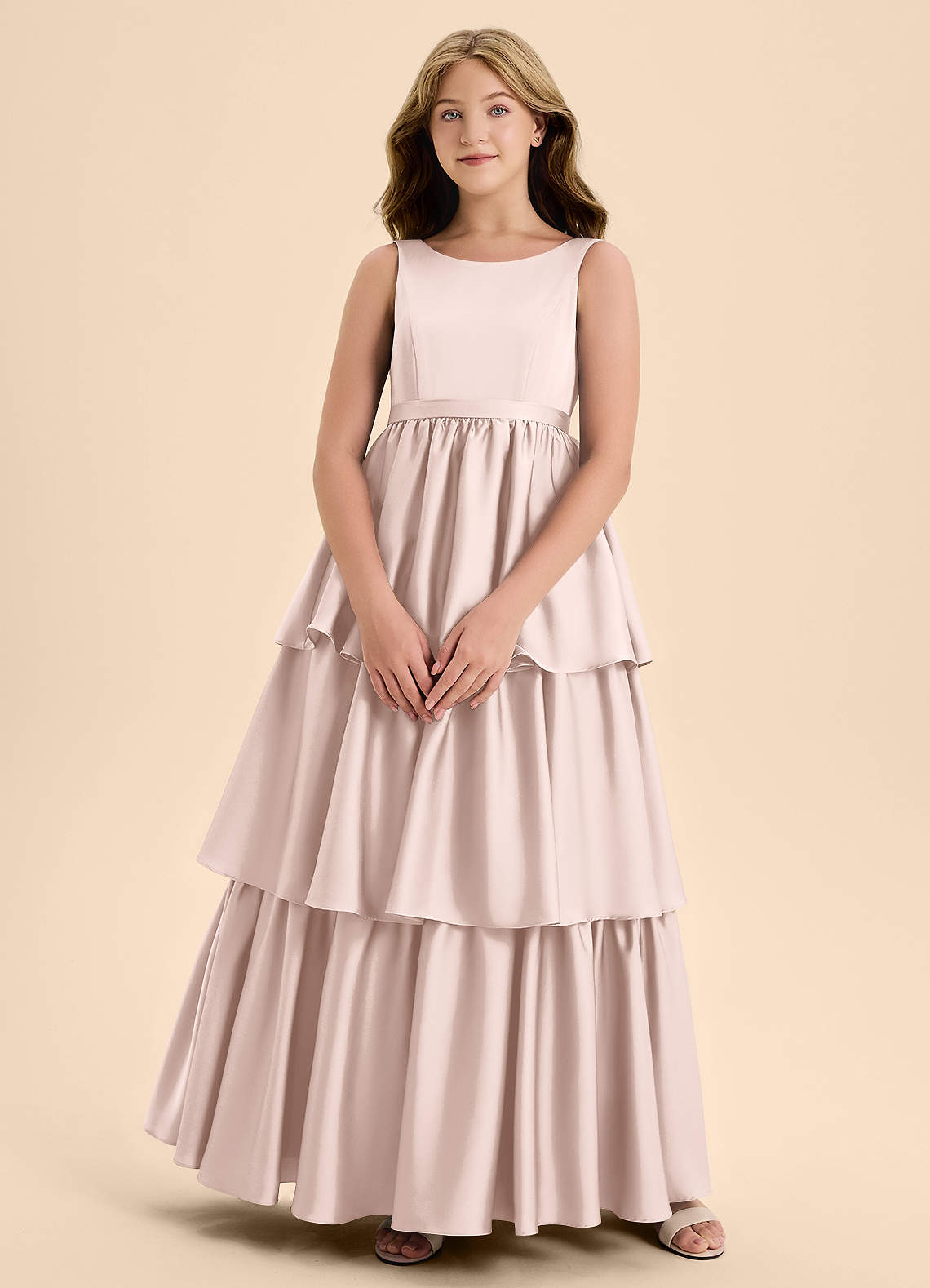 Azazie Meadowyn Junior Blushing Pink A-Line Bow Stretch Satin Dress image1