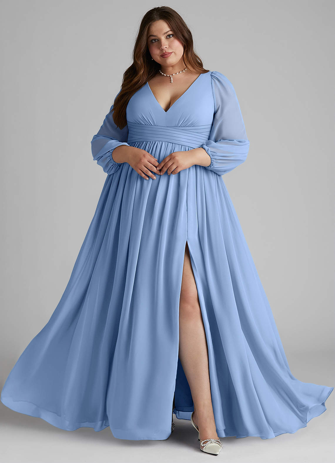 Azazie Norah Bridesmaid Dresses Steel Blue A-Line V-Neck Long Sleeve Chiffon Dress image7