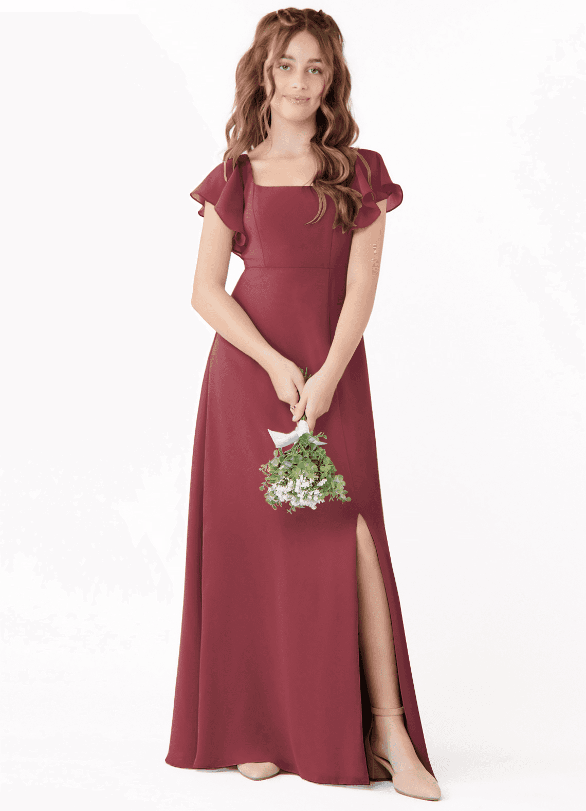 Azazie Bondi Junior Merlot A-Line Bow Chiffon Dress image1