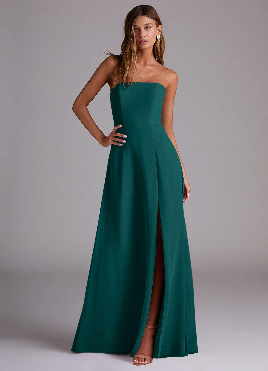 Azazie Wren Abiti da Damigella Abito Convertibile A-Line in Chiffon Spacco Laterale Verde Pavone image2