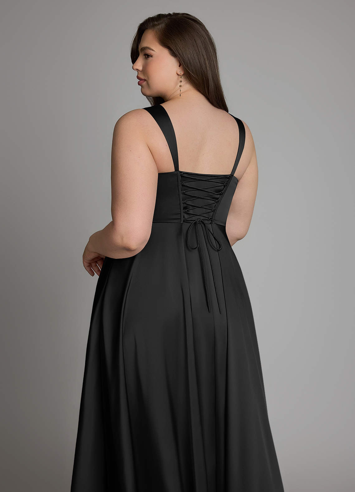 Azazie Azaria At-home Try On Dresses Black A-Line Corset Stretch Satin Dress image12