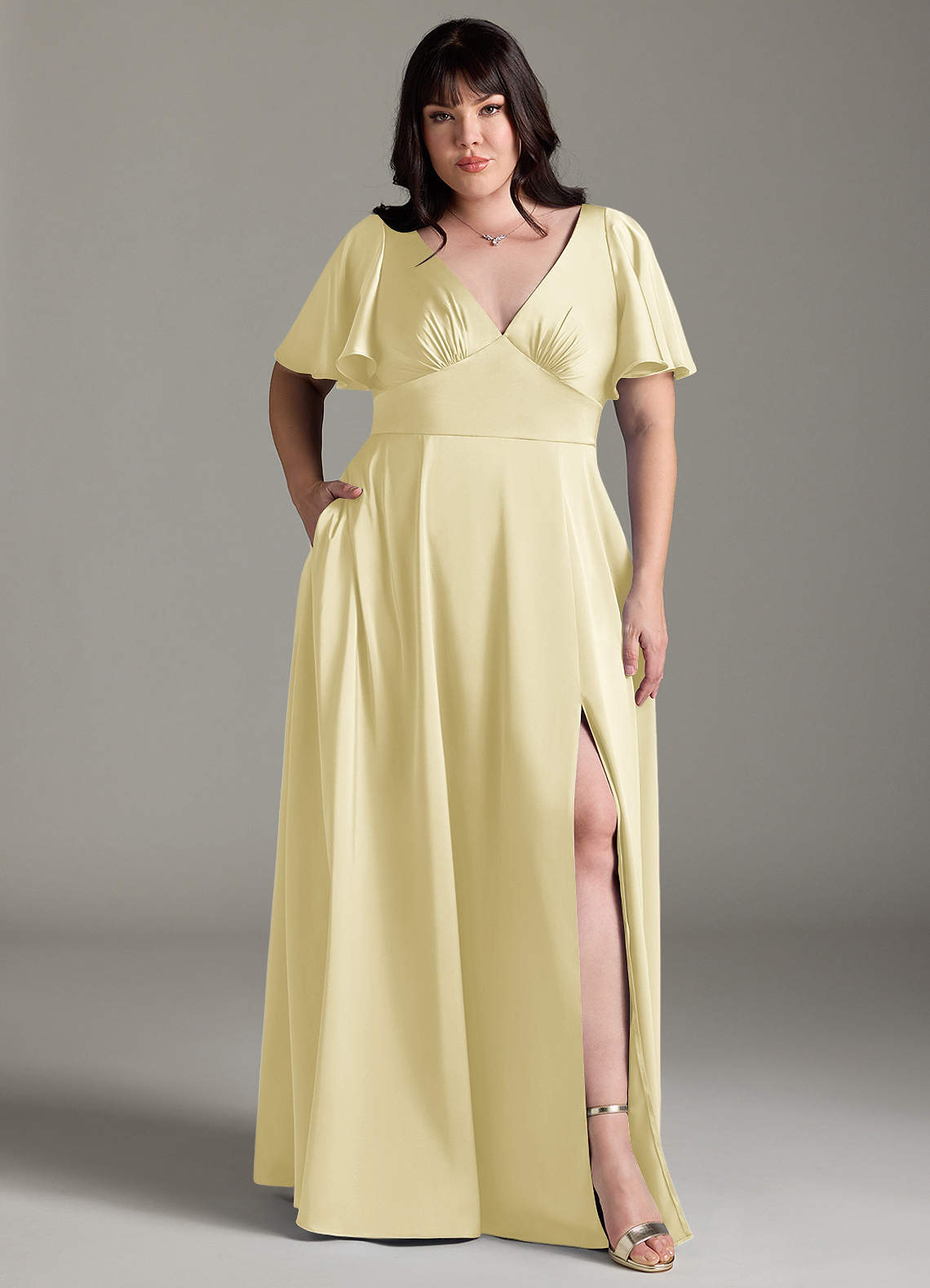 Azazie Kimber Bridesmaid Dresses Lemon Sorbet A-Line Ruched Stretch Satin Dress image1