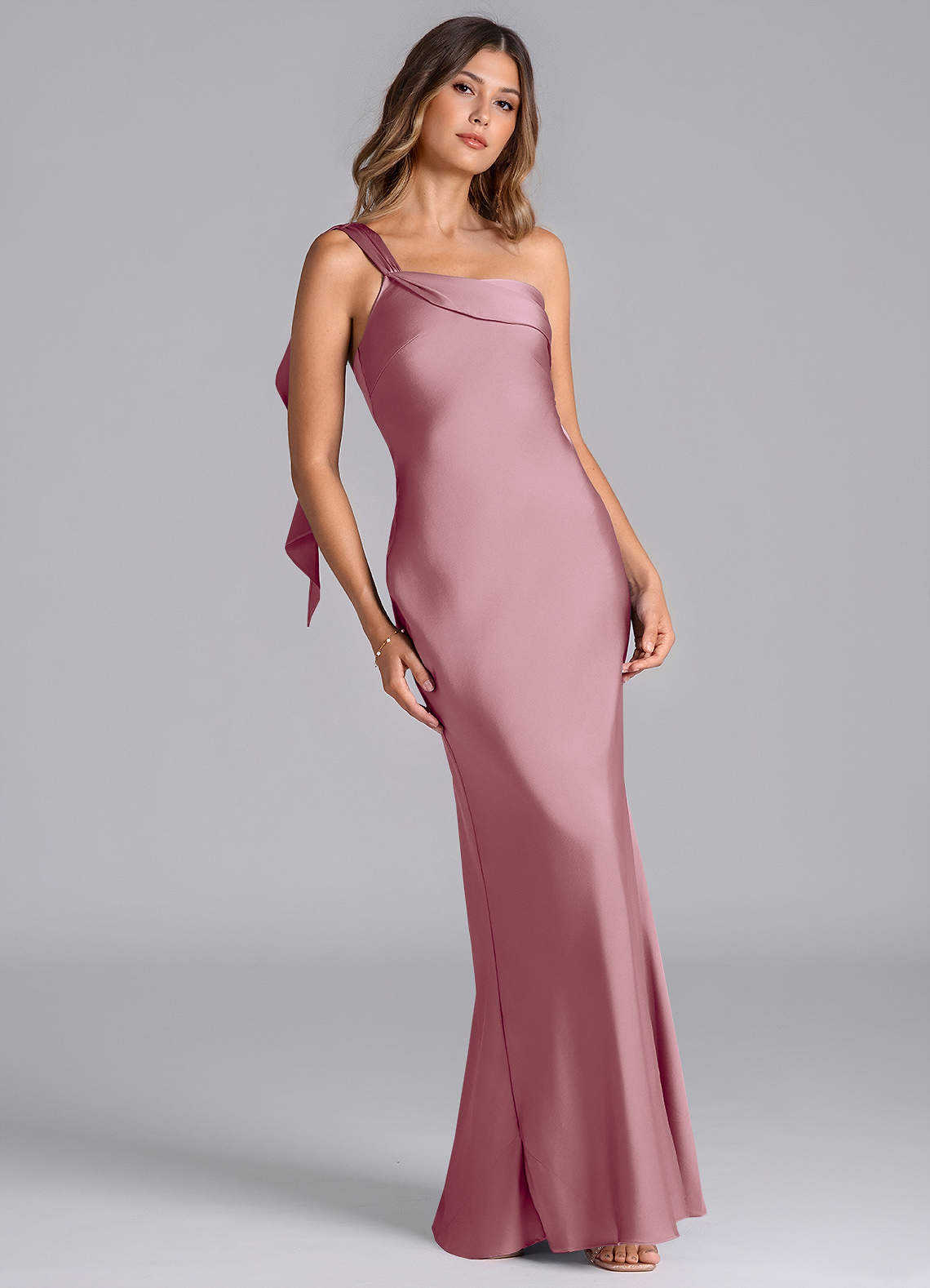 Azazie Driea Bridesmaid Dresses Vintage Mauve Mermaid One Shoulder Stretch Satin Dress image1