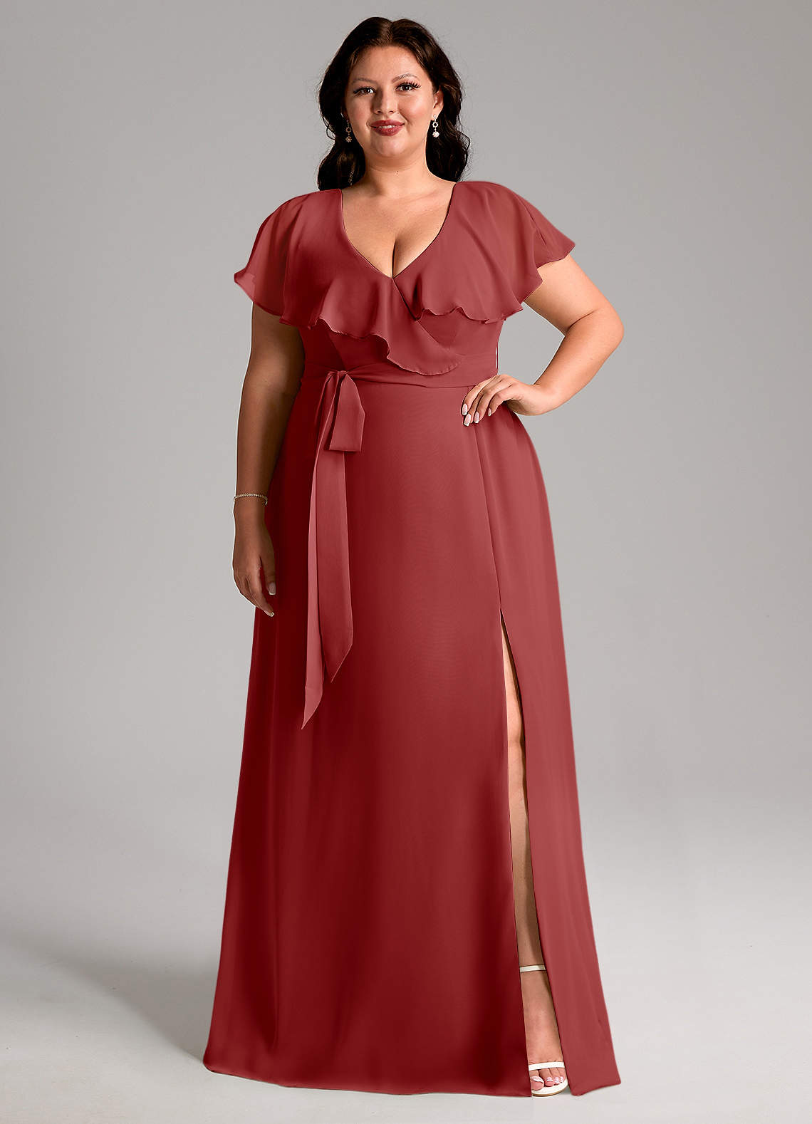 Azazie Lainey Bridesmaid Dresses Rust A-Line with Pockets Chiffon Dress image1