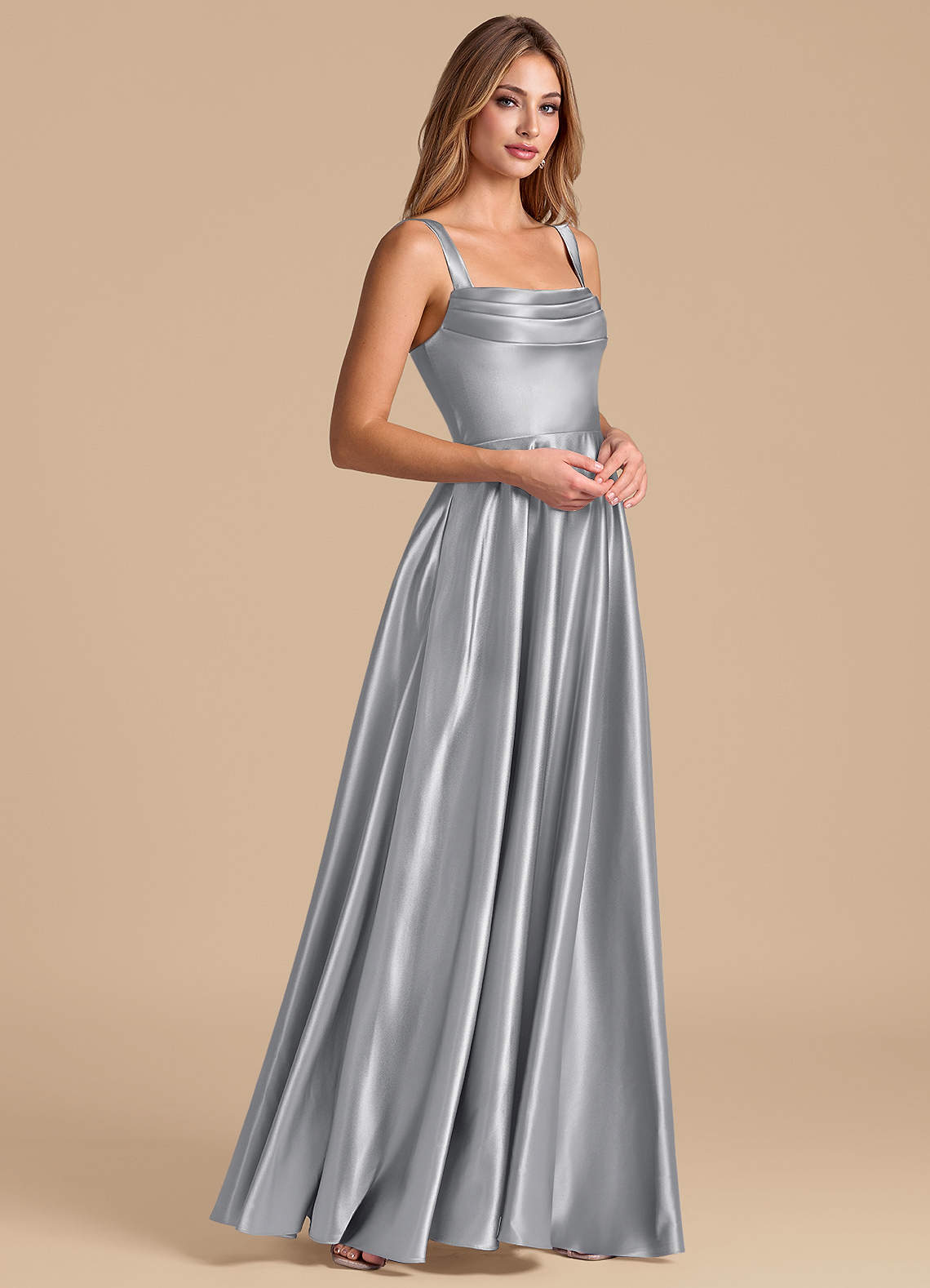 Azazie Shaude Bridesmaid Dresses Silver A-Line Pleated Metallic Satin Dress image3