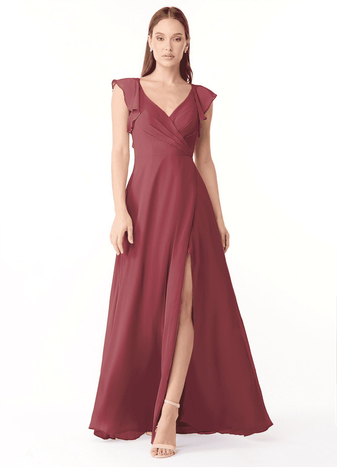 Azazie Yoko Vestidos de damas de honor Vestido de Merlot de Gasa de Corte en A con Volante image1