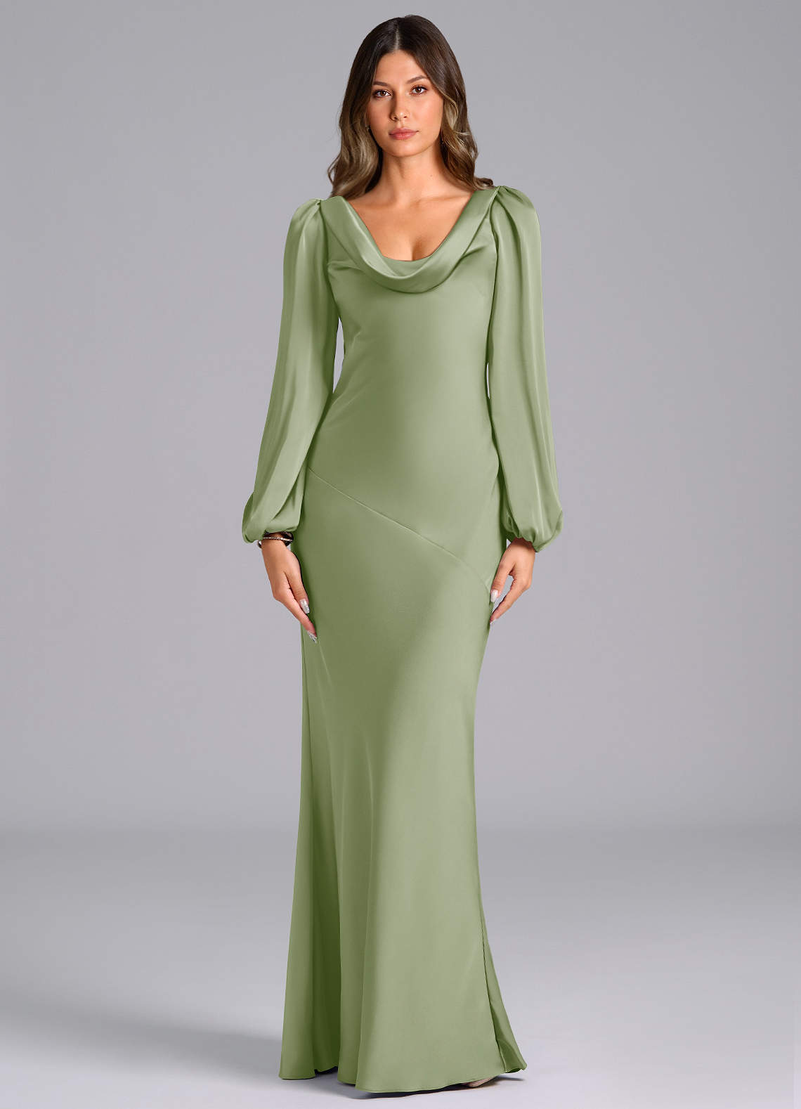 Azazie Rylina Bridesmaid Dresses Dusty Sage Mermaid Long Sleeve Stretch Satin Dress image1